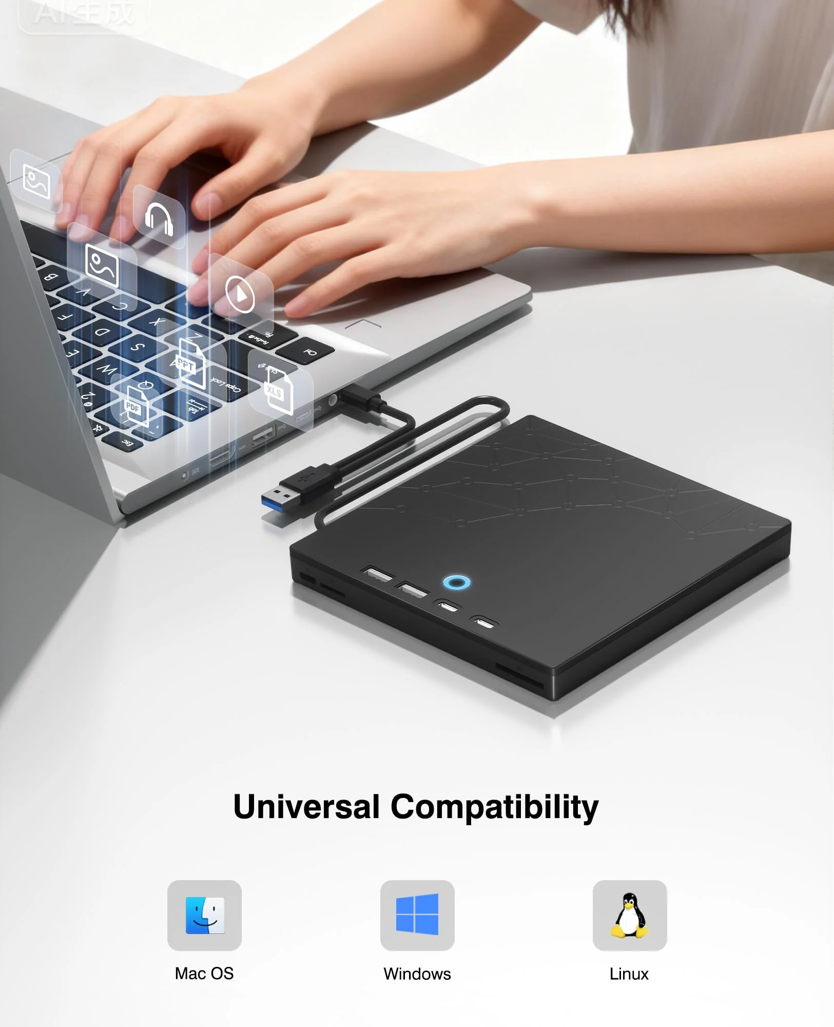 External CD/DVD Drive for Laptop, DVD Burner CD Reader for Laptop, 8-in-1 USB 3.0 Portable CD Players with SD/TF Ports, External Disk Drive Optical for MacBook Windows 11 10 PC Linux OS Black - Image 7