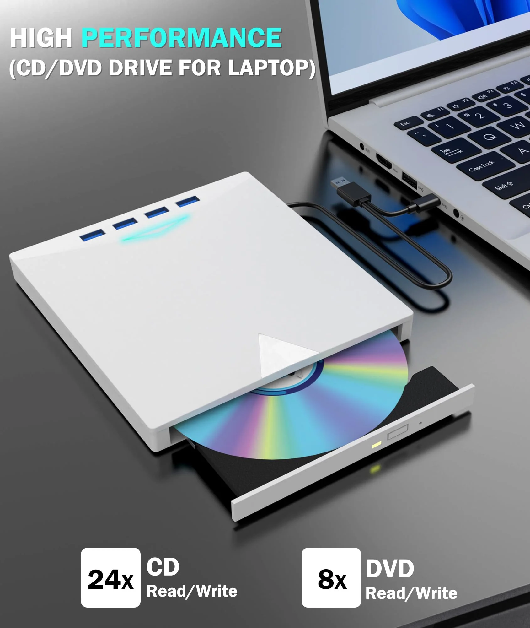 External CD/DVD Drive for Laptop PC,8 IN 1 LED Portable DVD Drive CD Burner CD-ROM DVD-/+RW Writer Reader with TF/SD Card Slots,USB 3.0 DVD Drive External,Compatible with Mac,Windows 11/10/8/7,Linux White - Image 2