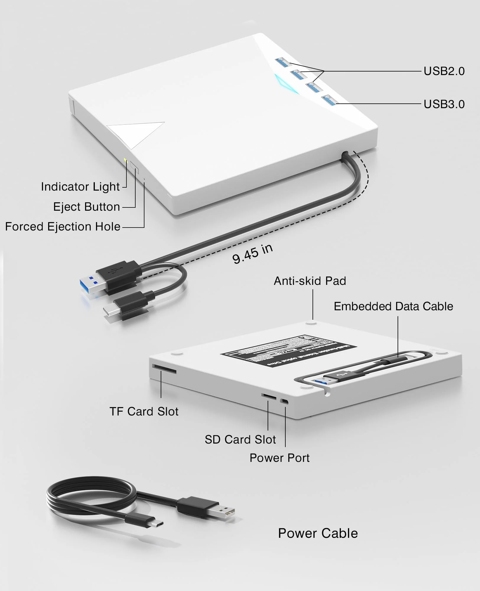 External CD/DVD Drive for Laptop PC,8 IN 1 LED Portable DVD Drive CD Burner CD-ROM DVD-/+RW Writer Reader with TF/SD Card Slots,USB 3.0 DVD Drive External,Compatible with Mac,Windows 11/10/8/7,Linux White - Image 6