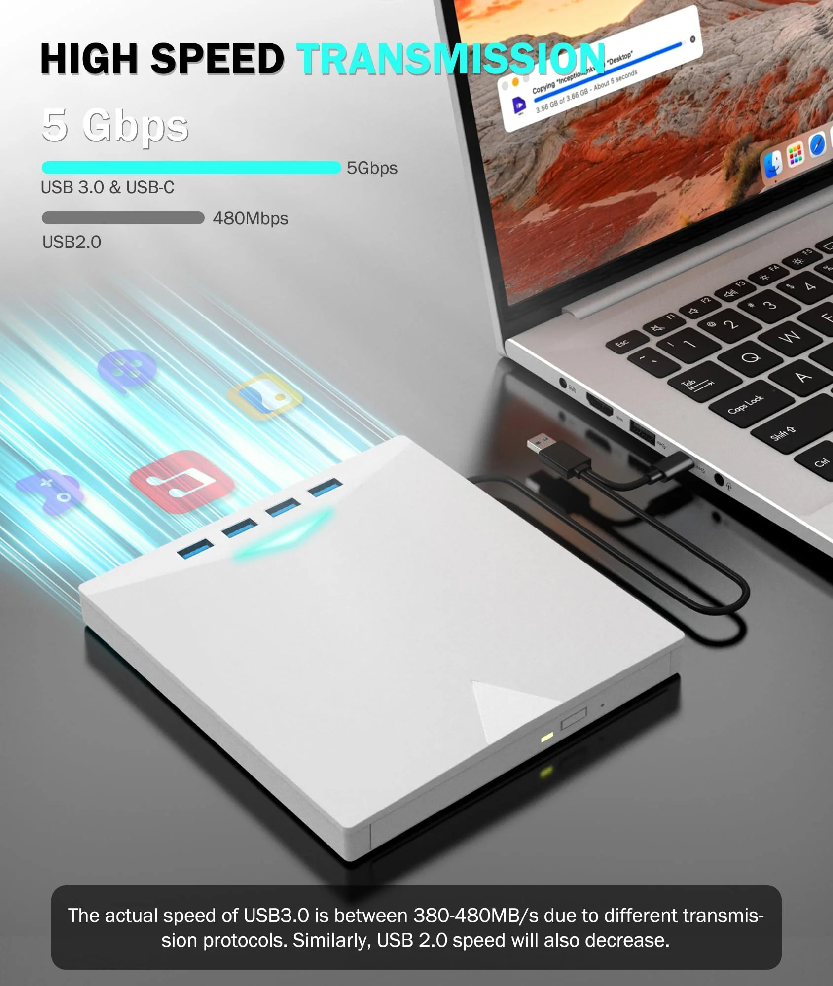External CD/DVD Drive for Laptop PC,8 IN 1 LED Portable DVD Drive CD Burner CD-ROM DVD-/+RW Writer Reader with TF/SD Card Slots,USB 3.0 DVD Drive External,Compatible with Mac,Windows 11/10/8/7,Linux White - Image 7