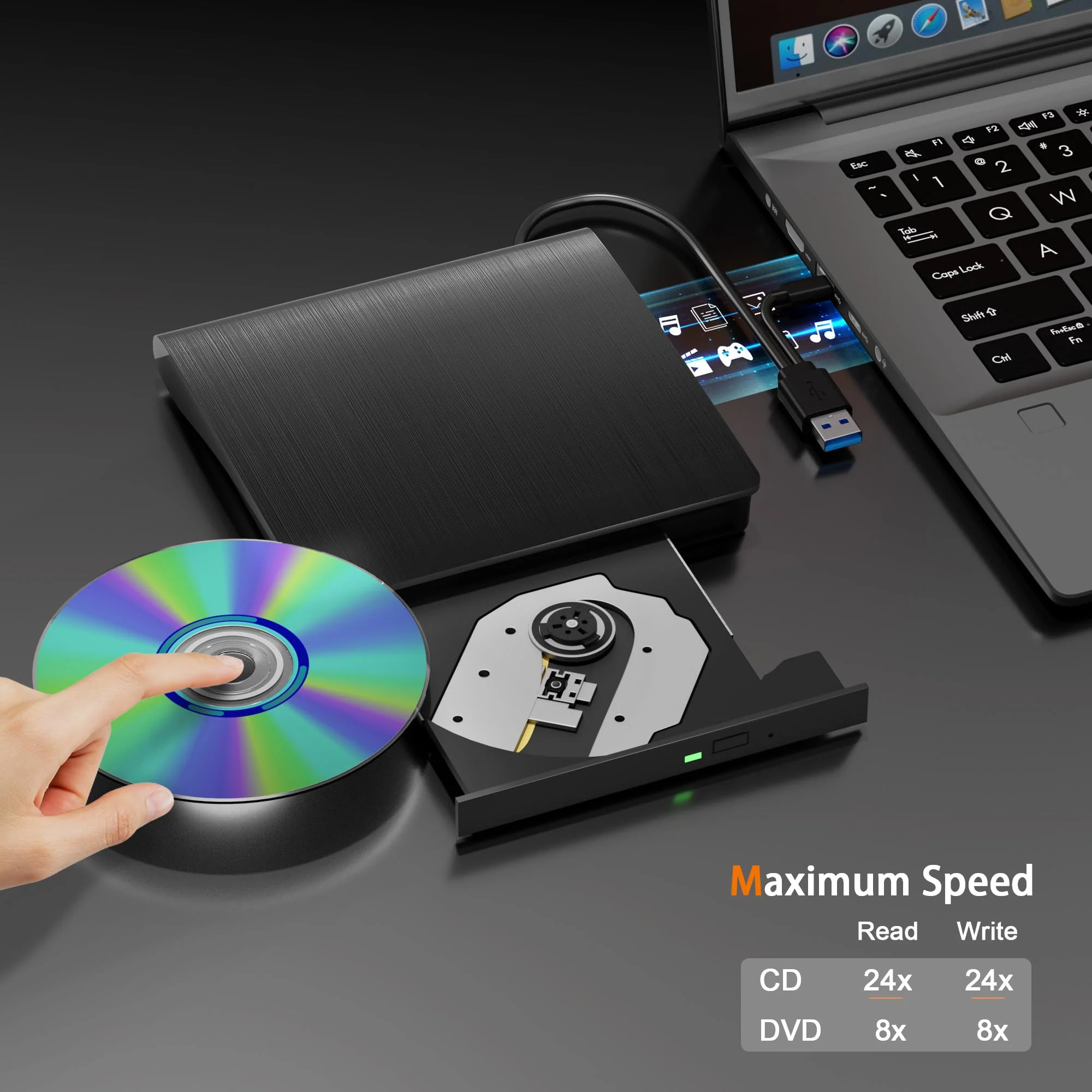External CD/DVD Drive for Laptop PC CD DVD Player USB 3.0 Portable Optical Drive CD Burner Compatible with Windows 10 11 Linux Mac OS (Black) Black - Image 2