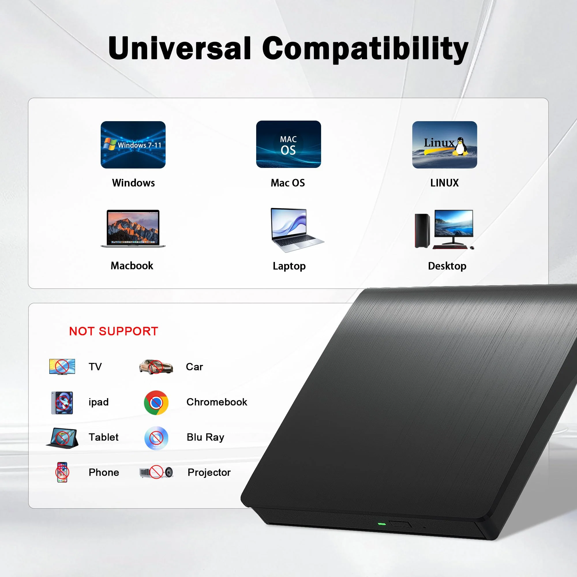 External CD/DVD Drive for Laptop PC CD DVD Player USB 3.0 Portable Optical Drive CD Burner Compatible with Windows 10 11 Linux Mac OS (Black) Black - Image 5