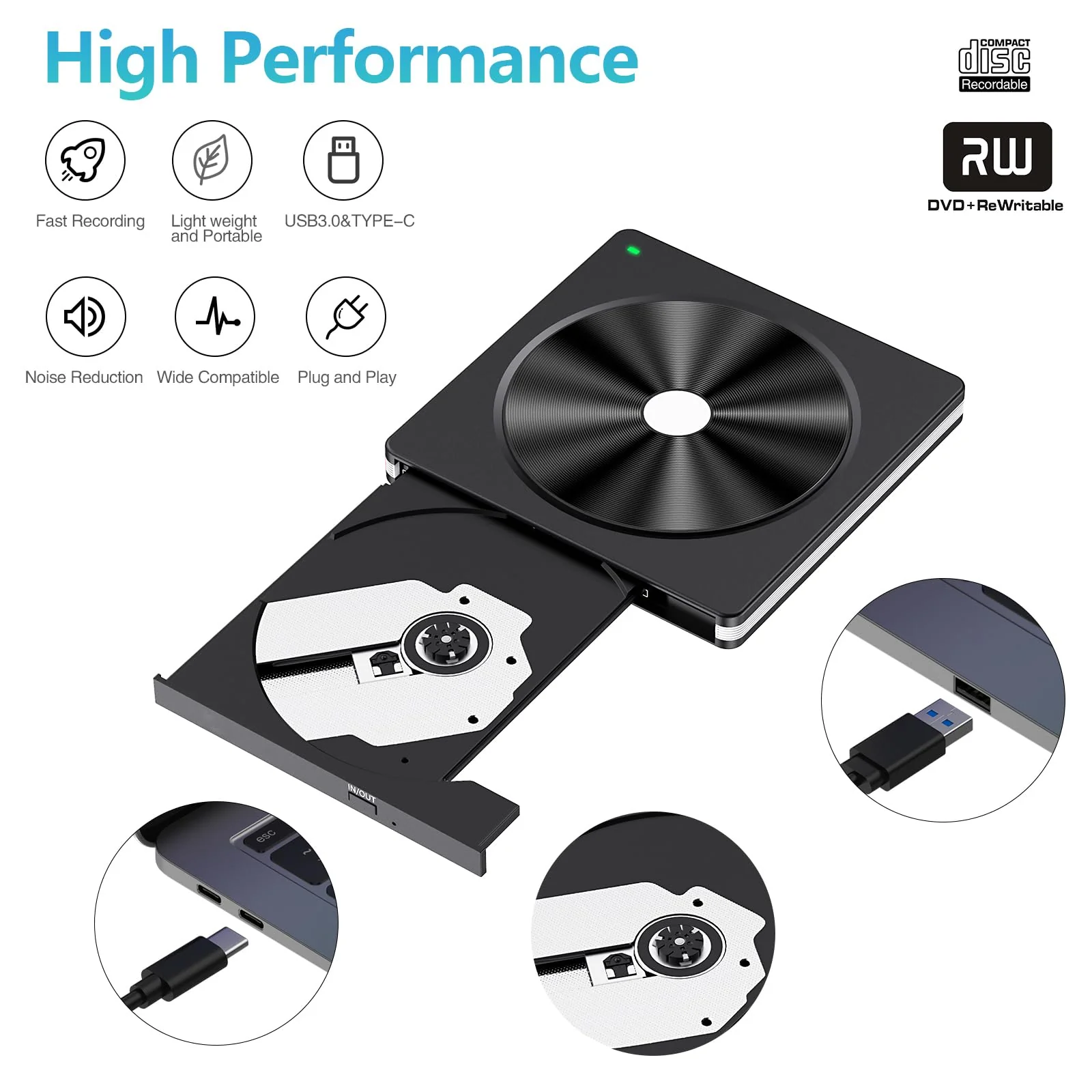 External CD/DVD Drive for Laptop, USB 3.0 CD DVD +/-RW Burner CD ROM External DVD Drive CD Reader DVD Player for Laptop PC Mac MacBook Desktop Windows 11/10/8.1/7 Linux Blackwhite - Image 3