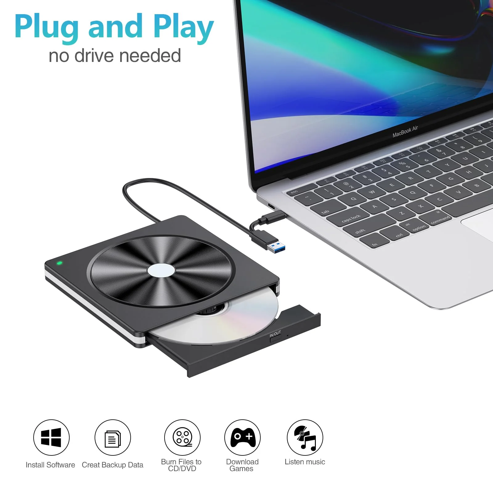 External CD/DVD Drive for Laptop, USB 3.0 CD DVD +/-RW Burner CD ROM External DVD Drive CD Reader DVD Player for Laptop PC Mac MacBook Desktop Windows 11/10/8.1/7 Linux Blackwhite - Image 4