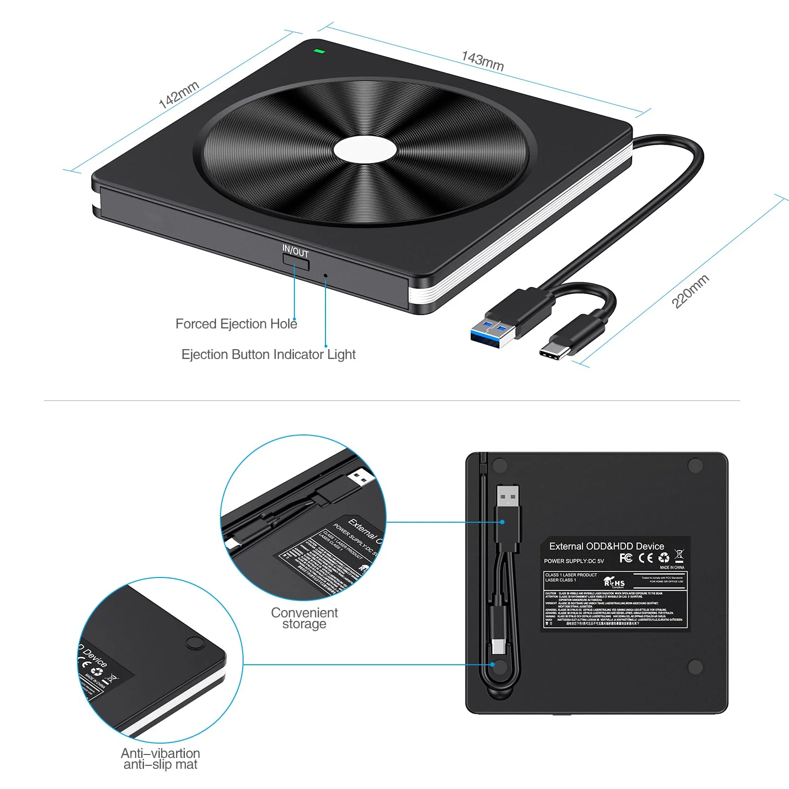 External CD/DVD Drive for Laptop, USB 3.0 CD DVD +/-RW Burner CD ROM External DVD Drive CD Reader DVD Player for Laptop PC Mac MacBook Desktop Windows 11/10/8.1/7 Linux Blackwhite - Image 5