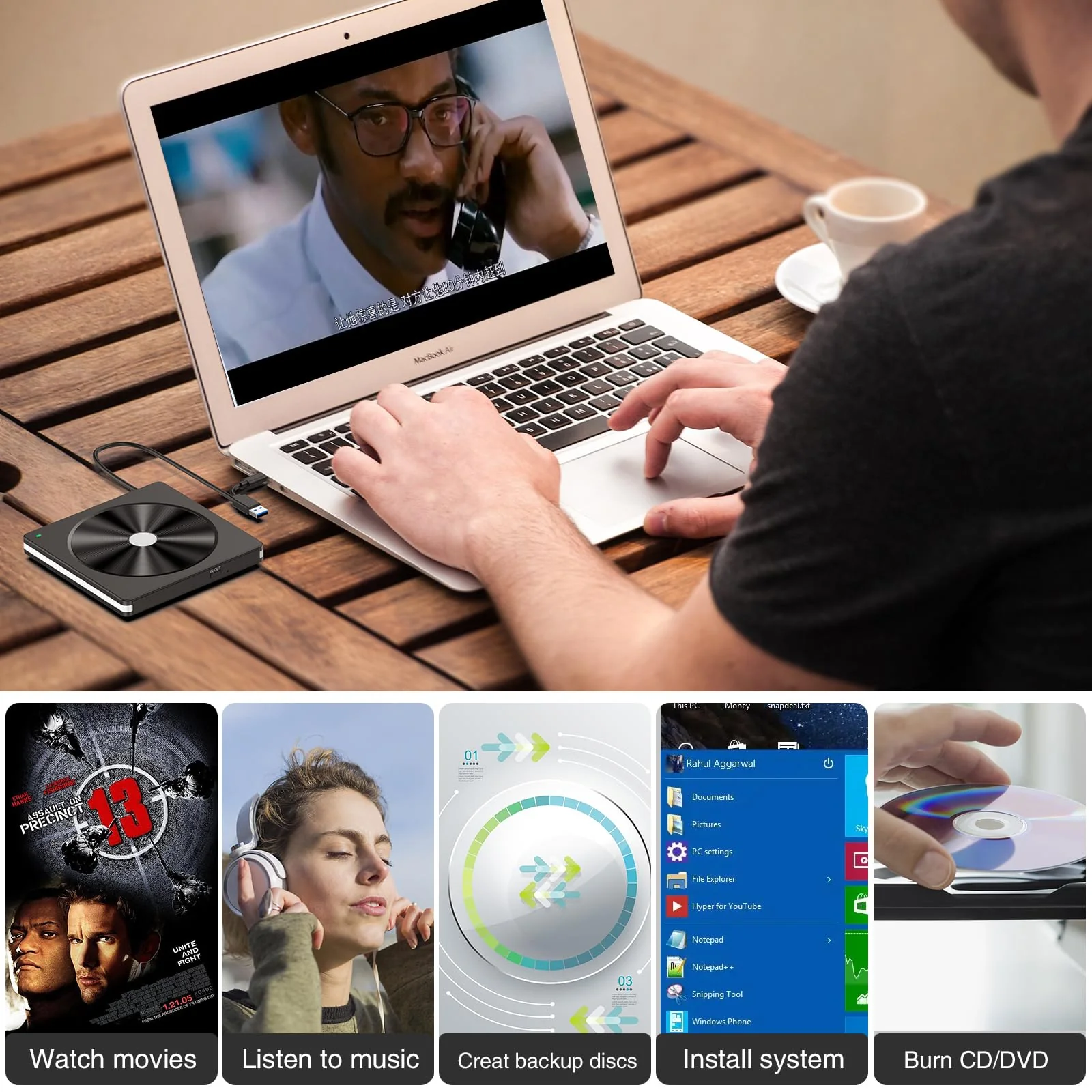 External CD/DVD Drive for Laptop, USB 3.0 CD DVD +/-RW Burner CD ROM External DVD Drive CD Reader DVD Player for Laptop PC Mac MacBook Desktop Windows 11/10/8.1/7 Linux Blackwhite - Image 8