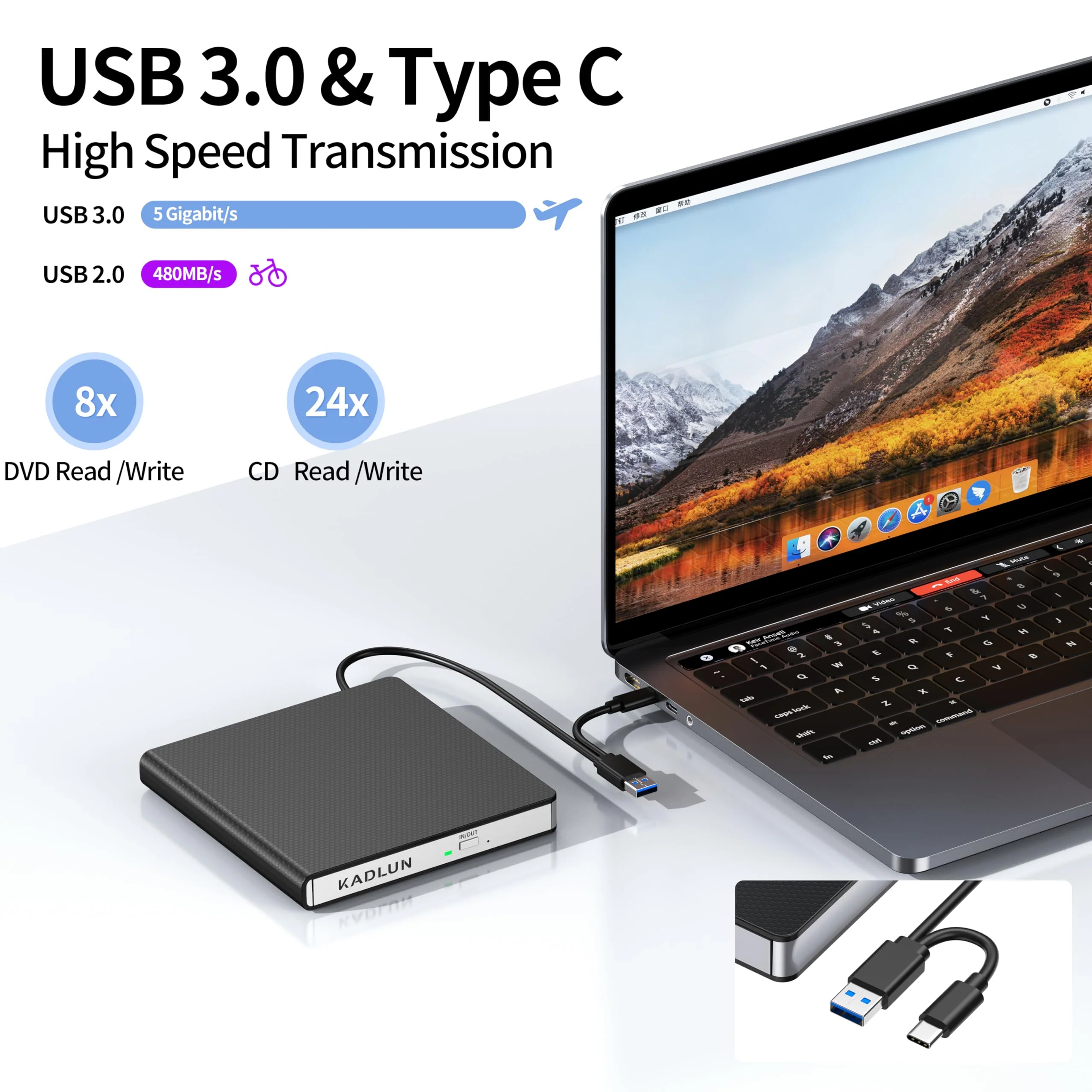 External CD DVD Drive for Laptop USB 3.0 USB C CD Burner External DVD Drive Portable CD ROM Burner Reader Writer Drive External DVD Player for Laptop Desktop PC Windows 11/10/8/7 MacBook Mac OS Linux black-2 in 1 - Image 2