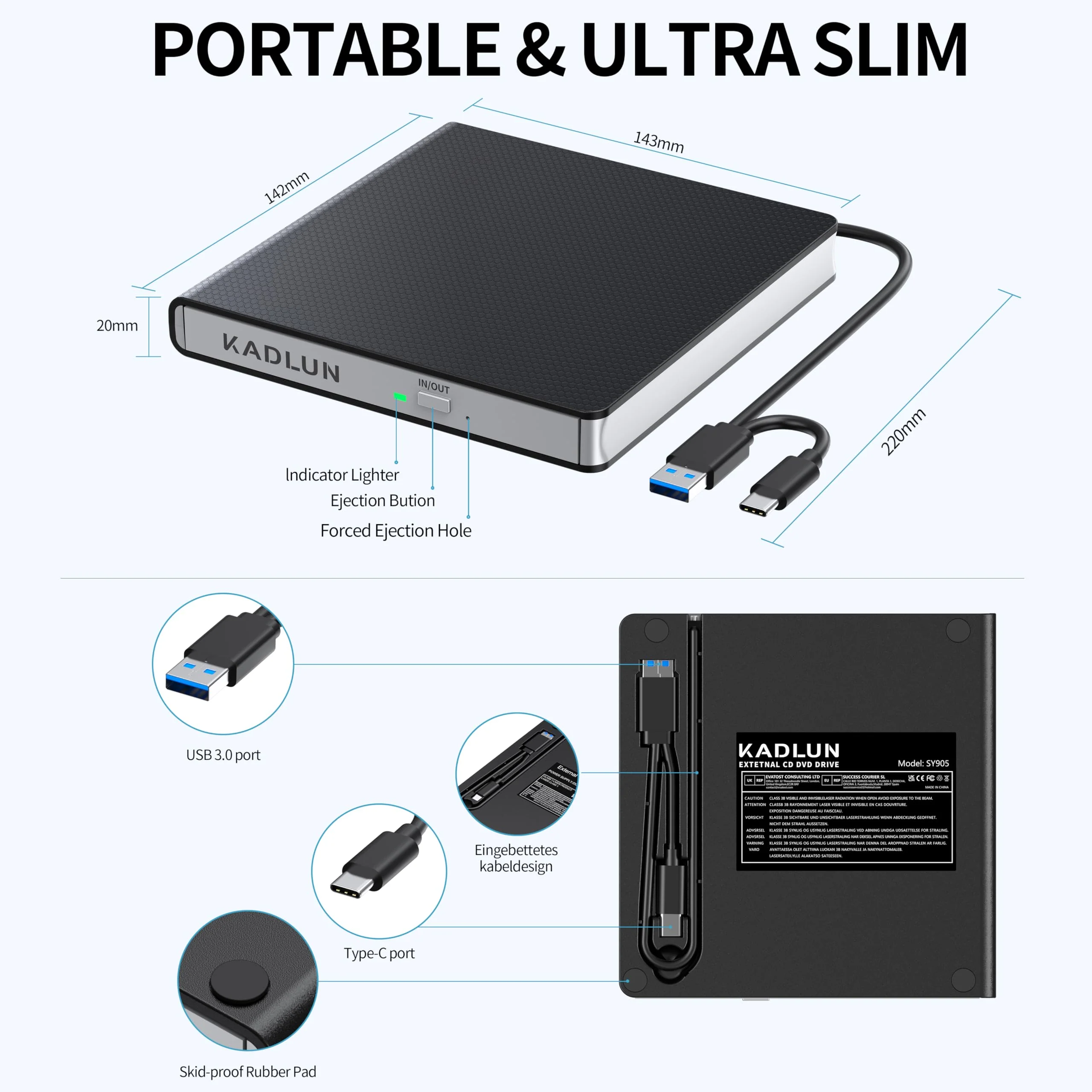 External CD DVD Drive for Laptop USB 3.0 USB C CD Burner External DVD Drive Portable CD ROM Burner Reader Writer Drive External DVD Player for Laptop Desktop PC Windows 11/10/8/7 MacBook Mac OS Linux black-2 in 1 - Image 5
