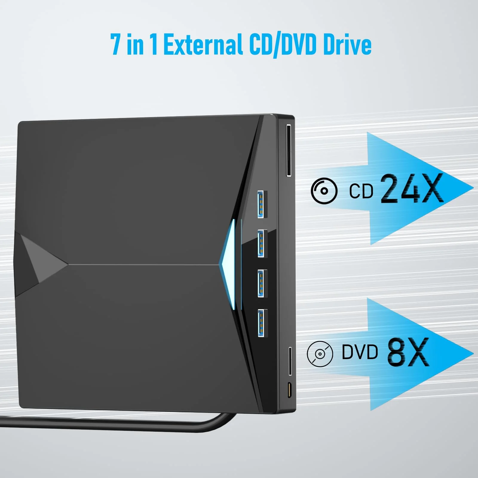 External CD/DVD Drive for PC, Portable 7 in1 USB 3.0 CD Drive External Usb, CD Reader for PC CD Burner with 4 USB Ports and TF/SD Card Slots, External Dvd Burner for Windows 11/10/8/7/XP/Linux/MacOS 7 in 1 - Image 2