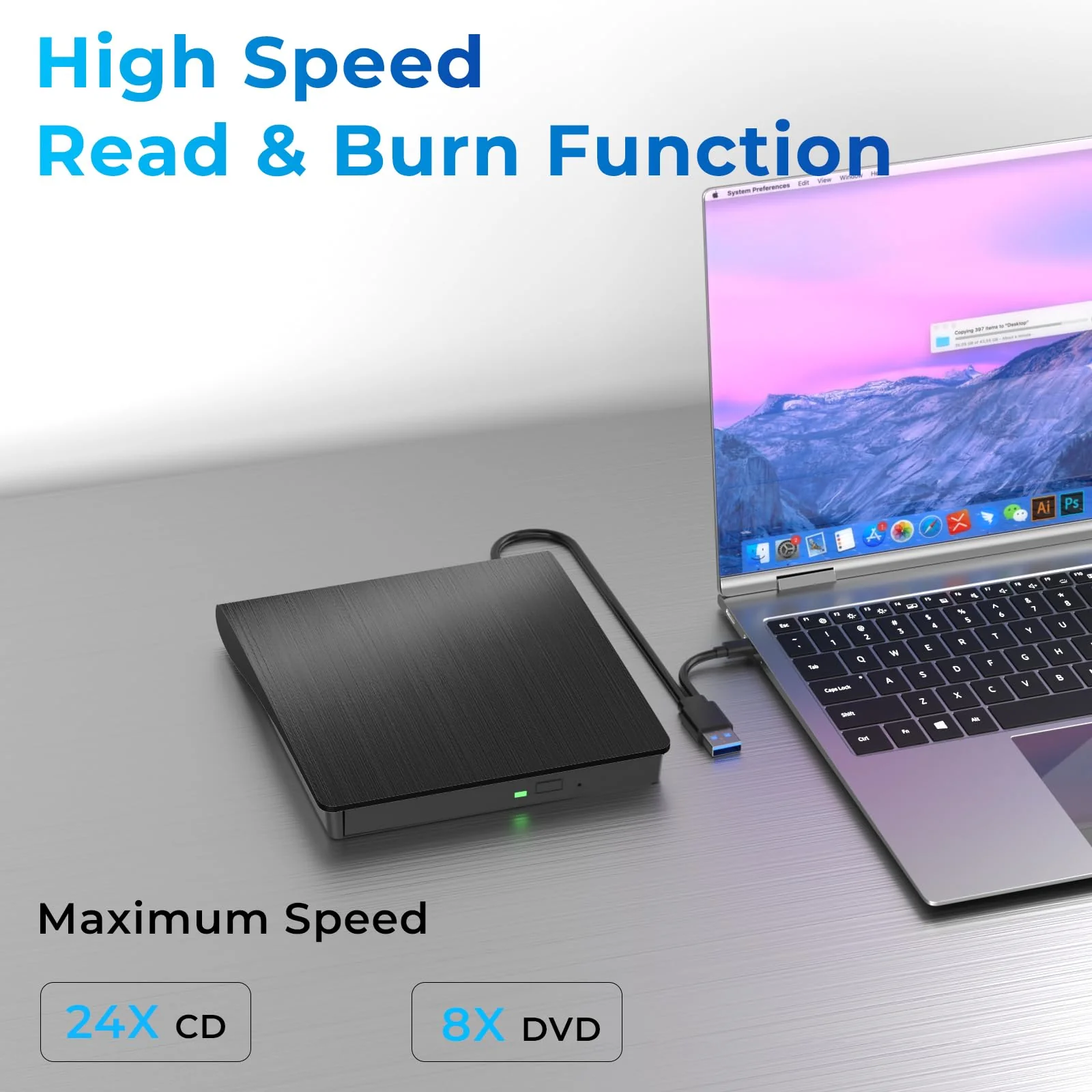 External CD/DVD Drive, USB 3.0 & Type-C CD/DVD Disc Reader Writer, CD ROM +/-RW External CD Player, Portable CD Burner for Laptop Desktop PC Mac Windows Linux (Black) Black - Image 2