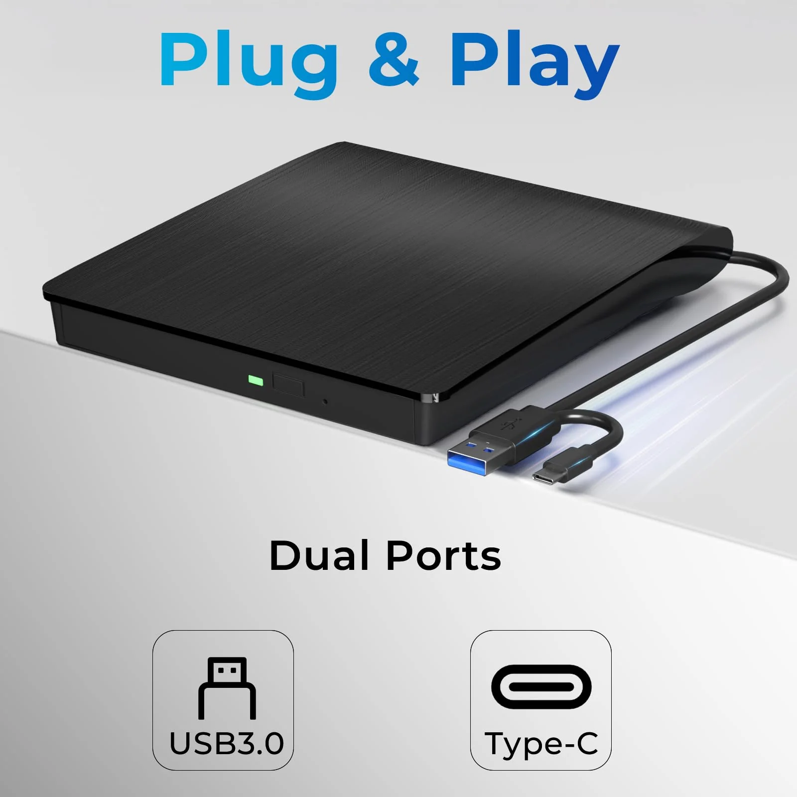 External CD/DVD Drive, USB 3.0 & Type-C CD/DVD Disc Reader Writer, CD ROM +/-RW External CD Player, Portable CD Burner for Laptop Desktop PC Mac Windows Linux (Black) Black - Image 3