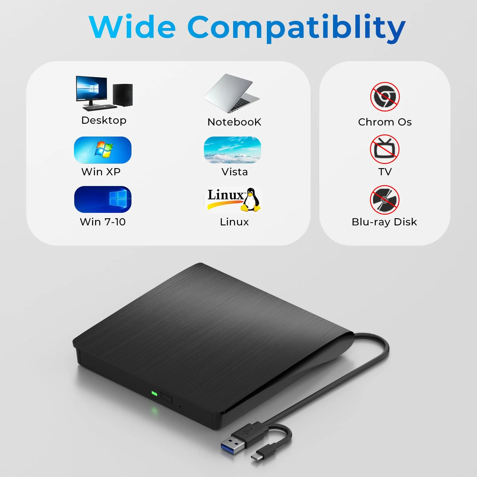 External CD/DVD Drive, USB 3.0 & Type-C CD/DVD Disc Reader Writer, CD ROM +/-RW External CD Player, Portable CD Burner for Laptop Desktop PC Mac Windows Linux (Black) Black - Image 7