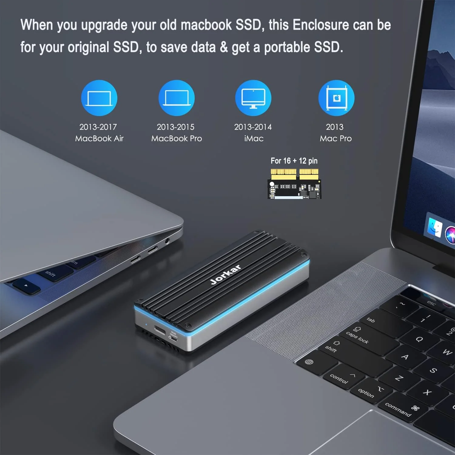 External SSD Enclosure USB C 3.2 for 12+16 Pin M SSDs, for Pro mid 2013-2015, Air mid 2013 to Early 2017, Portable Aluminum SSD Adapter with Indicator - Image 4