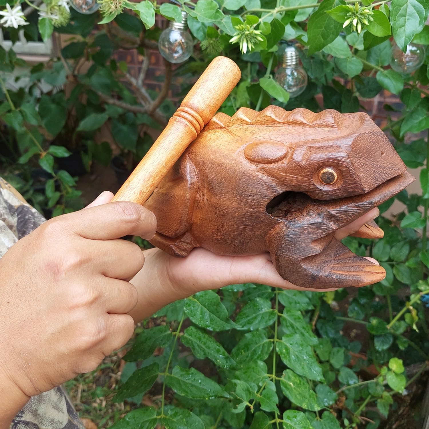 Extra Large 9" Wood Frog Guiro Rasp Percussion Instrument Tone Block Wooden Good Luck Frog Animal Shaped Figurine Handcraft Musical Instruments from Thailand Home Office Decoration (Tan) Tan - Image 2