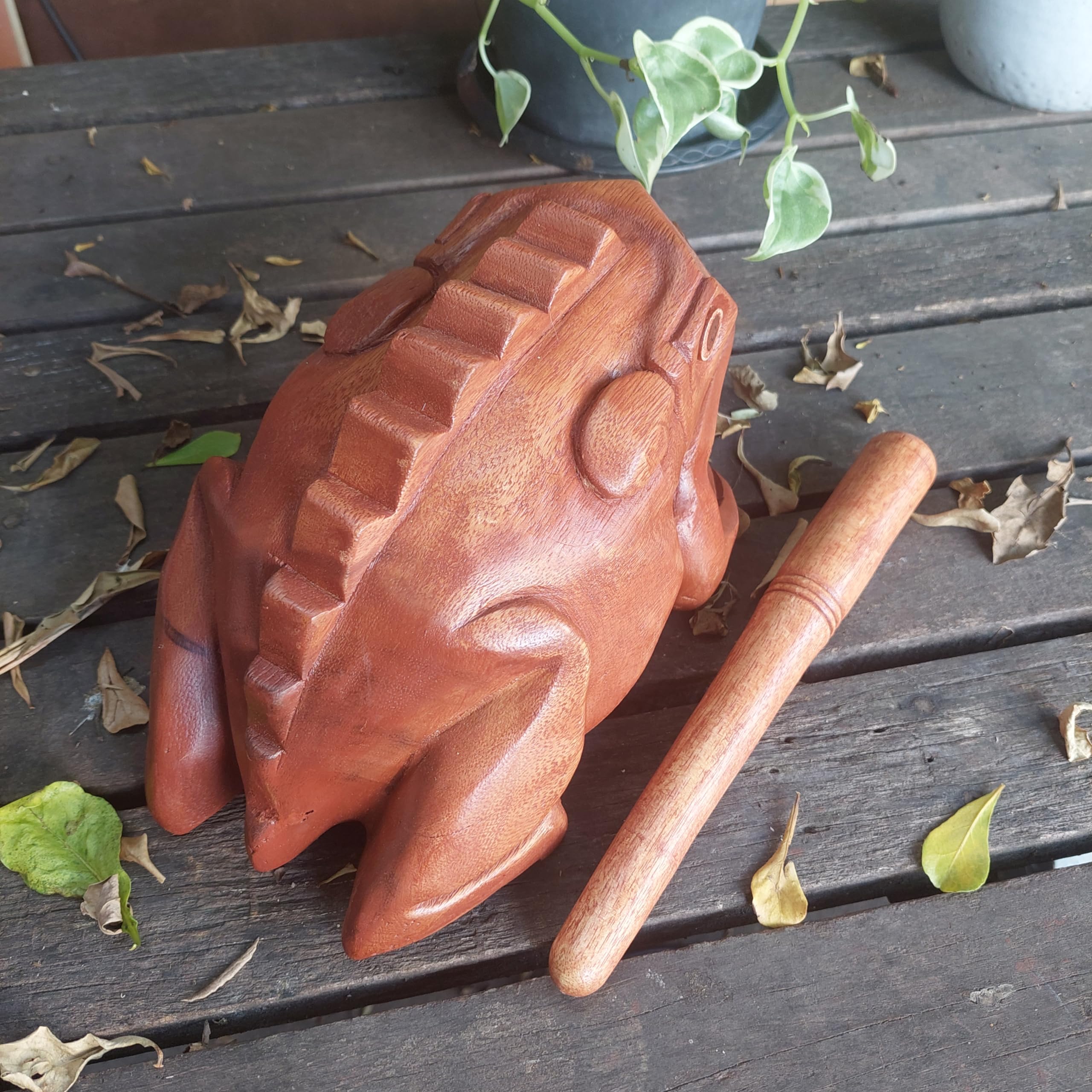 Extra Large 9" Wood Frog Guiro Rasp Percussion Instrument Tone Block Wooden Good Luck Frog Animal Shaped Figurine Handcraft Musical Instruments from Thailand Home Office Decoration (Tan) Tan - Image 4