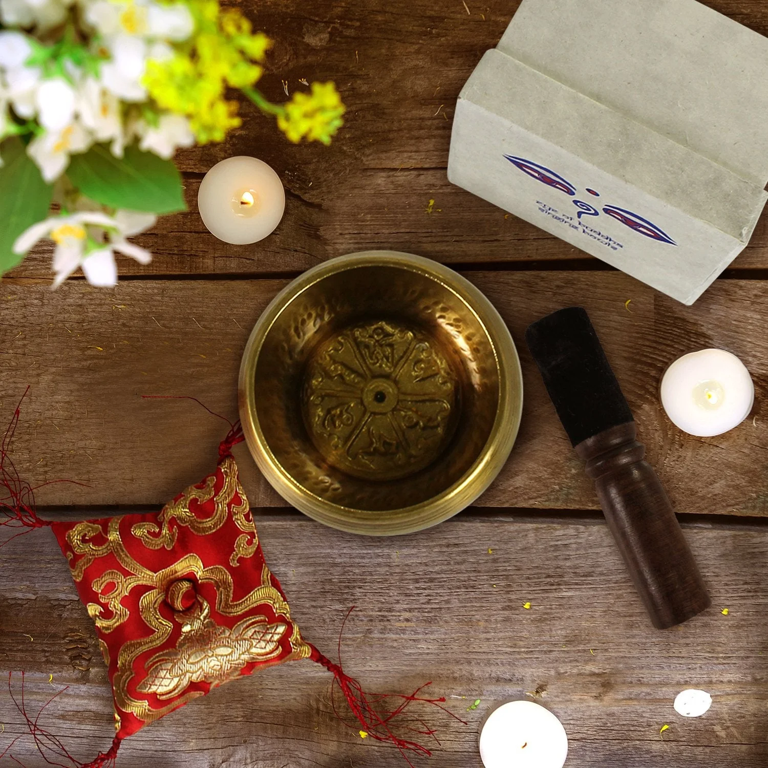 Eye of Buddha Traditional Tibetan Crafstmanship Hand Hammered Singing Bowl Set With Mallet & Red Silk Cushion For Meditation, Chakra Healing, Prayer, Yoga, and Mindfulness - 3.75 Inches - Image 2