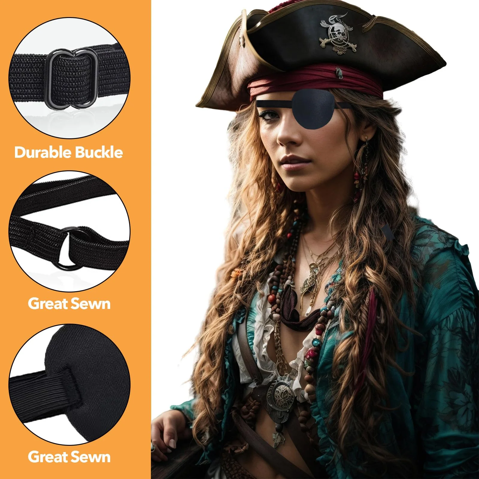 Eye Patch,2Pcs Eye Patches for Adults,Adjustable Lazy Piratel Eye Patch for Left or Right Eyes, Reusable Eye Cover for Cosplay Pirate Costume - Image 3