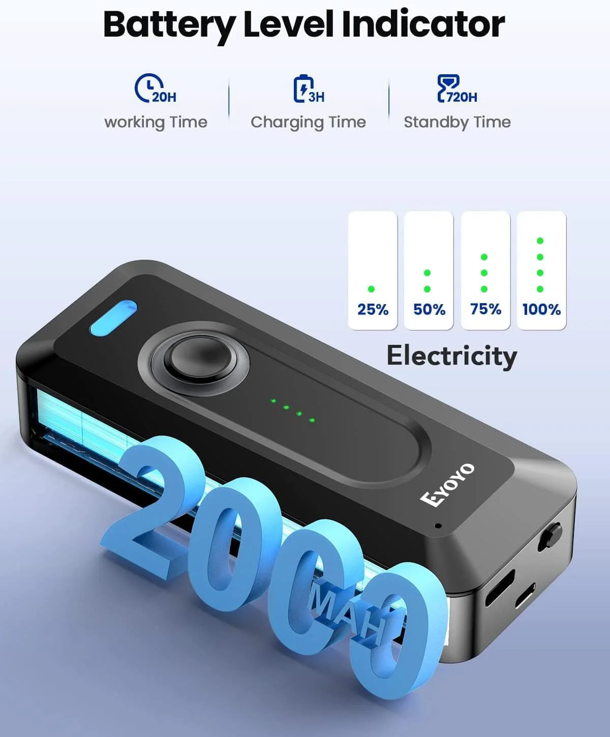 Eyoyo Bluetooth 2D Barcode Scanner Wireless with Clip, 2000mAh Battery with Level Indicator, Portable Mini QR Bar Code Reader for Library Book Inventory Compatible with Android Phone, iPad, iPhone - Image 4
