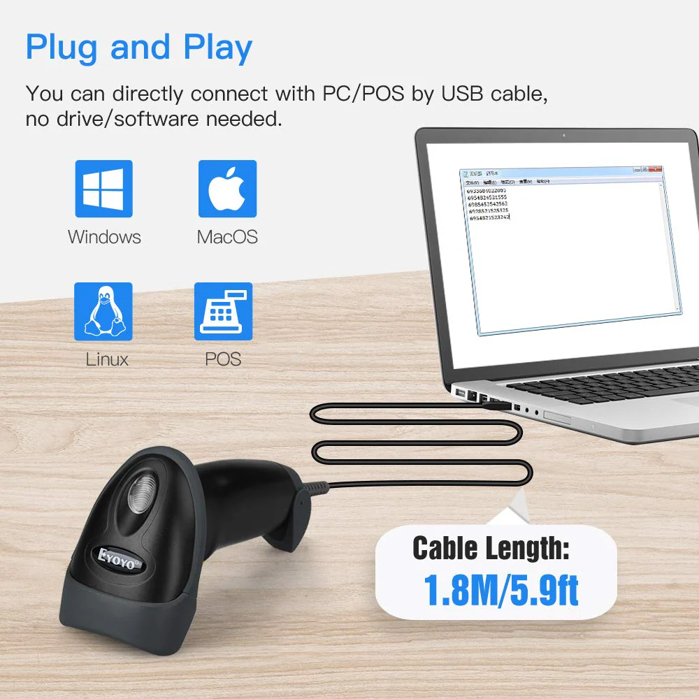 Eyoyo EYH2 Handheld USB 2D Barcode Scanner, Wired Automatic QR Code Scanner PDF417 Data Matrix Bar Code Reader with Long USB Cable for POS Mobile Payment, Convenience Store, Supermarket, Warehouse Black - Image 3