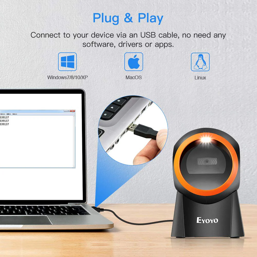 Eyoyo Hands-Free 1D 2D Desktop Barcode Scanner, QR Barcode Reader Support Screen Scanning Platform Scanner for Warehouse, Supermarket, Retail Store, Bookstore Pos System - Image 2