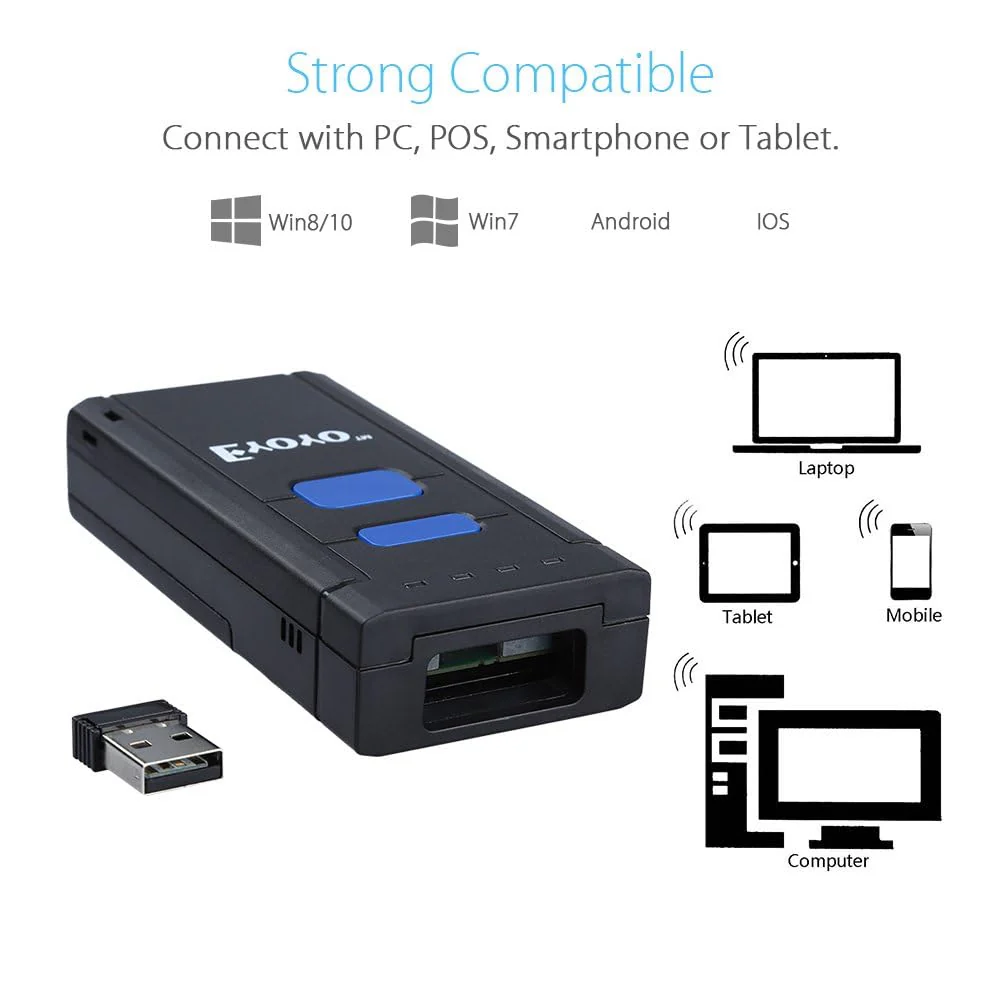 Eyoyo Mini 1D Wireless Barcode Scanner Bluetooth,3-in-1 Bluetooth&2.4G Wireless&Wired Connection, Portable Inventory Bar Code Reader Compatible with iPhone, Android, Windows, Mac Tablets or Computers - Image 4