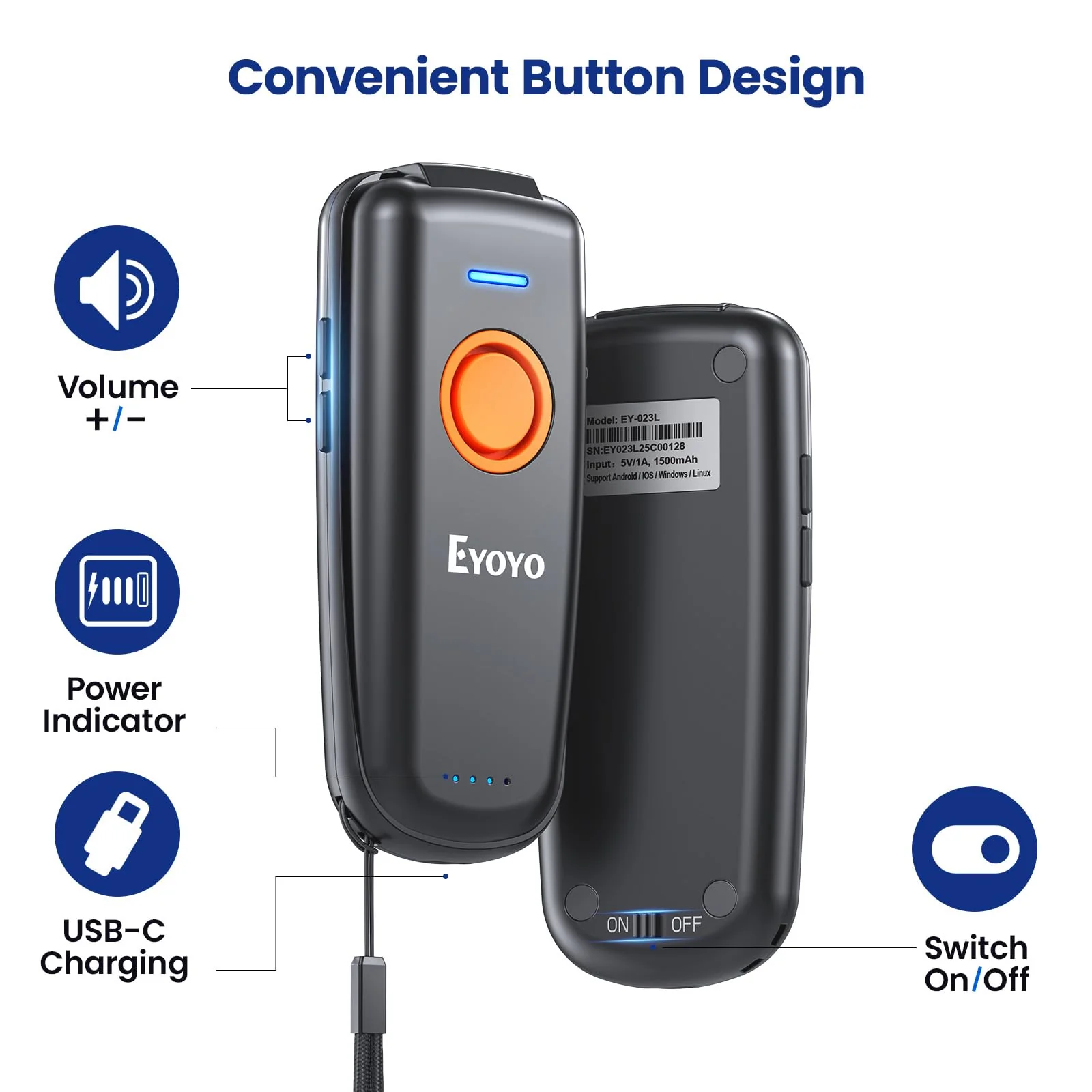 Eyoyo Mini Bluetooth Barcode Scanner: 1D Fast & Accurate Scanning, Wireless & USB Wired Bar Code Scanner for Inventory, Portable Barcode Reader Compatible with iPhone iPad Android Tablet POS Computer - Image 2