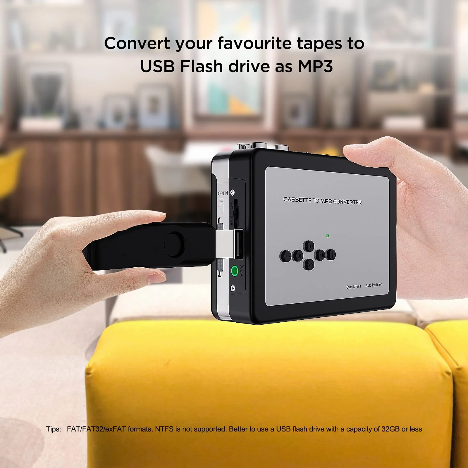 Ezcap USB Cassette Tape to MP3 Converter, Digital Tape Player Cassette Capture Converts Tape to MP3 into USB Flash Drive, No PC Required No Bluetooth Black - Image 3