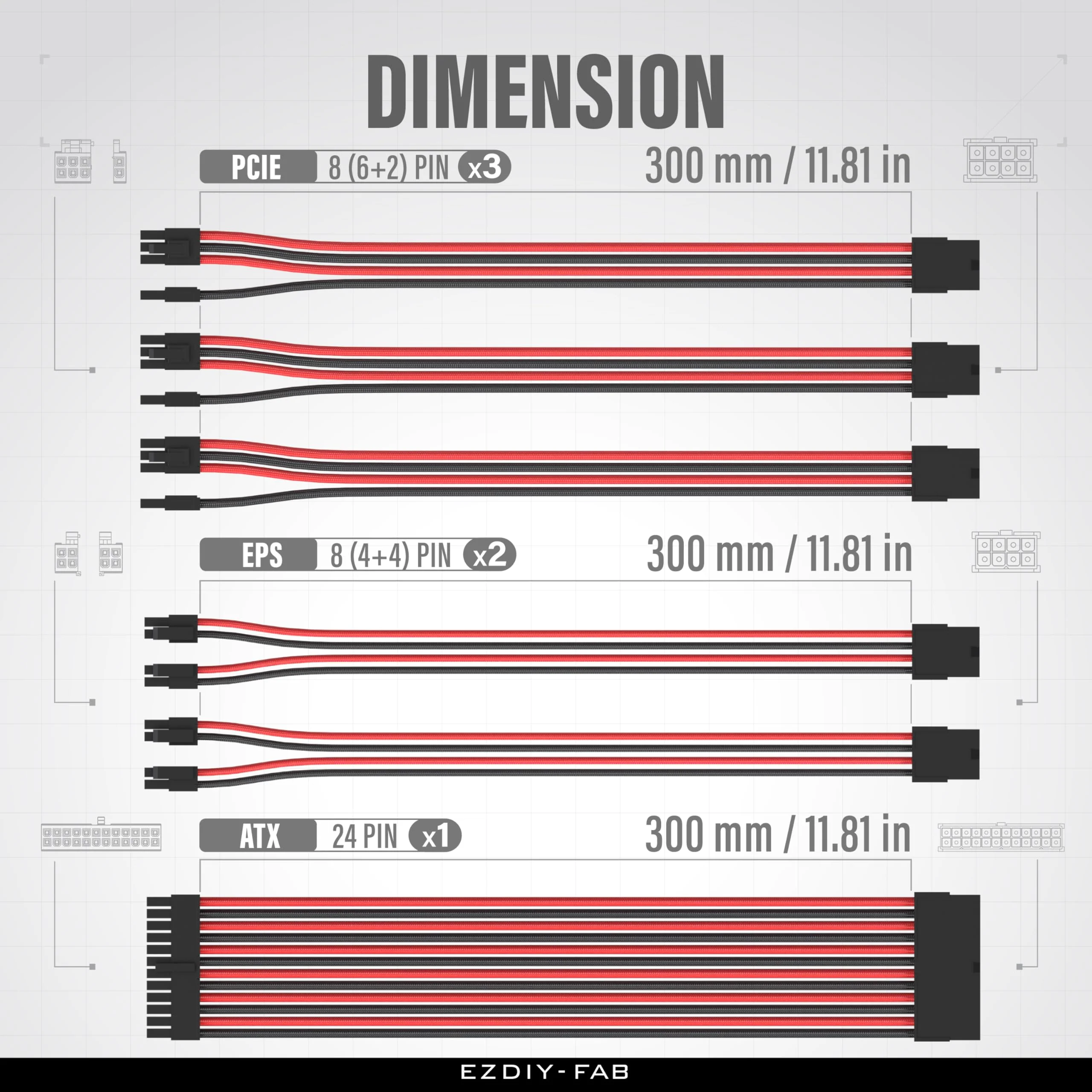 EZDIY-FAB PSU Cable Extension Kit,16AWG Power Supply Extension,1x24Pin/2x4+4 EPS/3x6+2 PCI-E,Custom PC Sleeve Cable 300MM with Combs-Black Red Black Red - Image 2