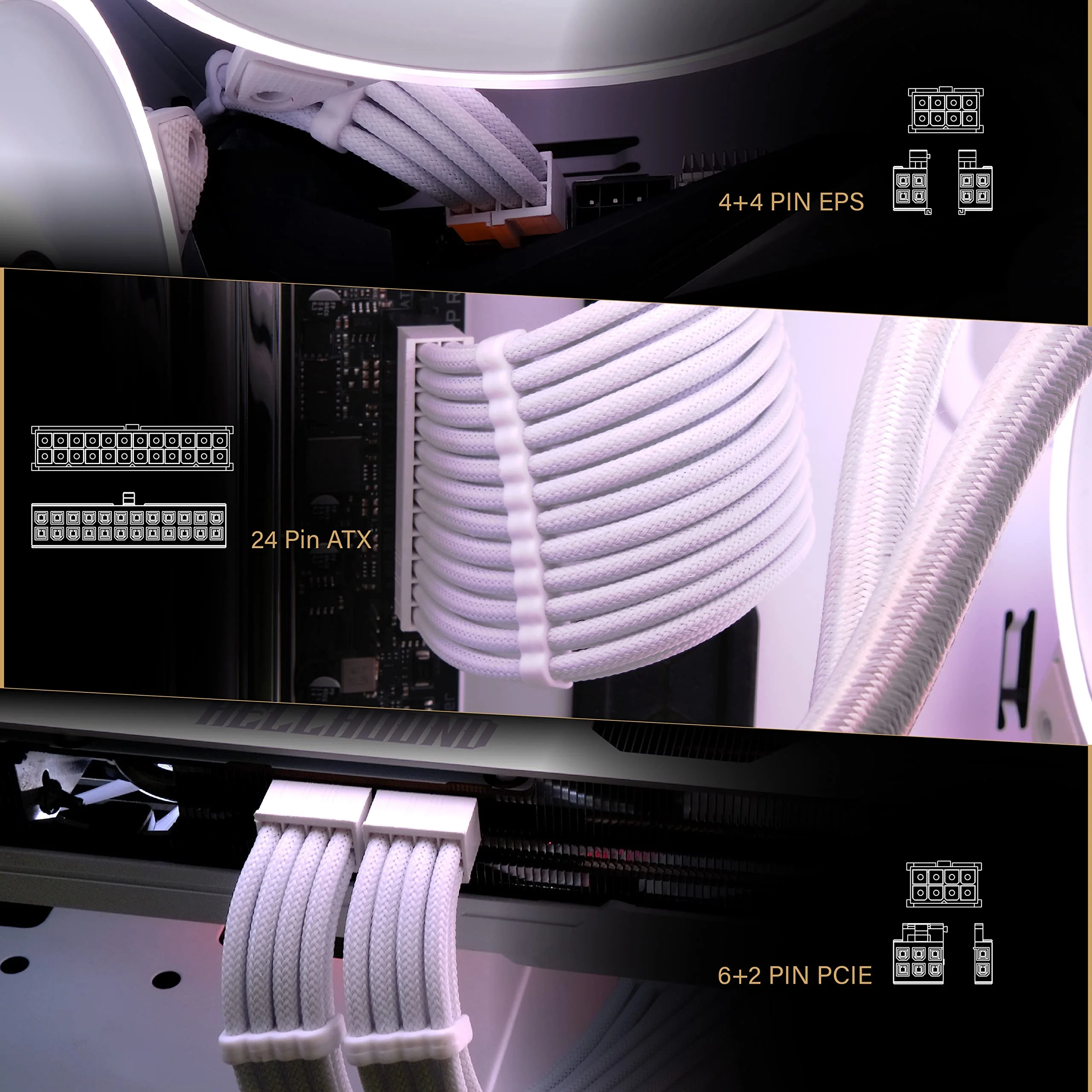 EZDIY-FAB PSU Extension Cable Sleeved Custom Mod PC Power Supply Cable, Soft Nylon Braided with Comb Kit 24PIN/8PIN to 6+2Pin/ 8PIN to 4+4PIN-30CM 300MM - All White Edition Pure White - Image 2