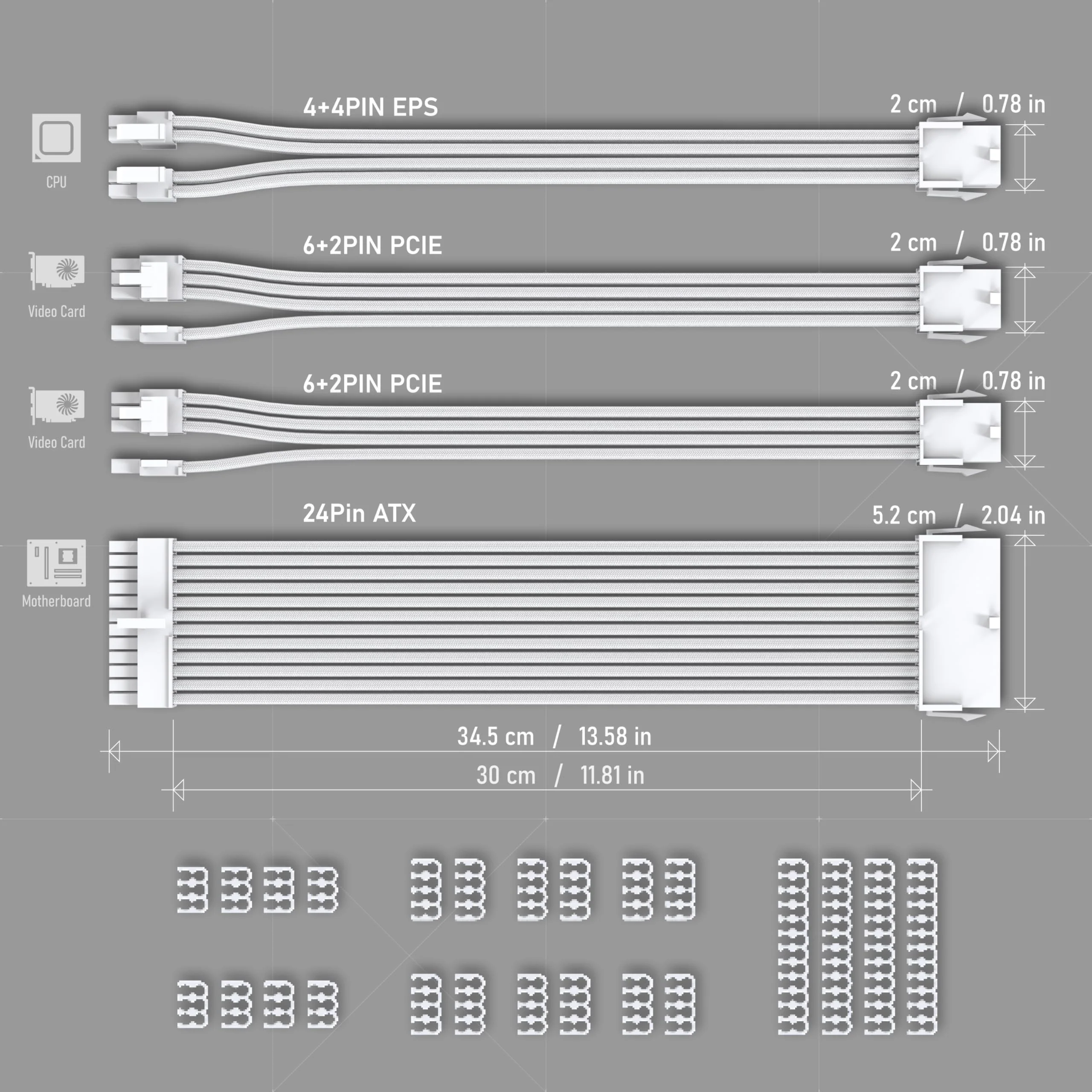 EZDIY-FAB PSU Extension Cable Sleeved Custom Mod PC Power Supply Cable, Soft Nylon Braided with Comb Kit 24PIN/8PIN to 6+2Pin/ 8PIN to 4+4PIN-30CM 300MM - All White Edition Pure White - Image 3