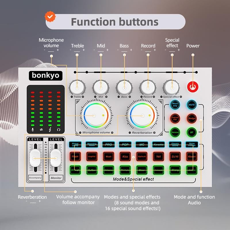 F999MAX Live Sound Card, Professional Audio Mixer & Noise Reduction, Metal Body & Indicator Panel, Audio Interface & Voice Changer, RGB Lighting Effects, DJ Mixer for Live/Gaming/Podcasting/Karaoke - Image 3