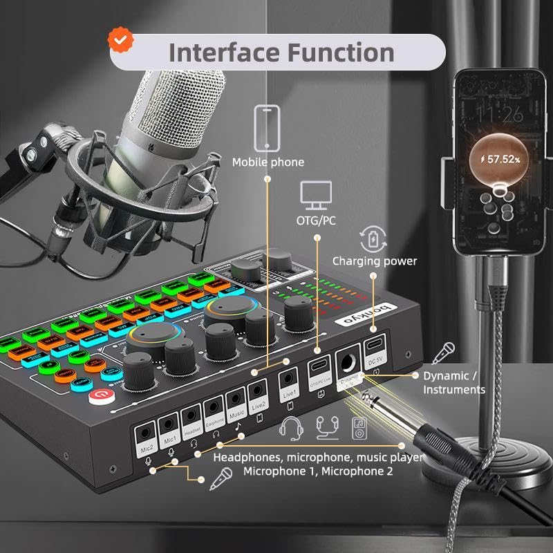 F999MAX Live Sound Card, Professional Audio Mixer & Noise Reduction, Metal Body & Indicator Panel, Audio Interface & Voice Changer, RGB Lighting Effects, DJ Mixer for Live/Gaming/Podcasting/Karaoke - Image 4