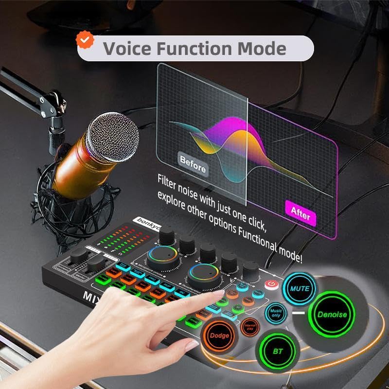 F999MAX Live Sound Card, Professional Audio Mixer & Noise Reduction, Metal Body & Indicator Panel, Audio Interface & Voice Changer, RGB Lighting Effects, DJ Mixer for Live/Gaming/Podcasting/Karaoke - Image 5