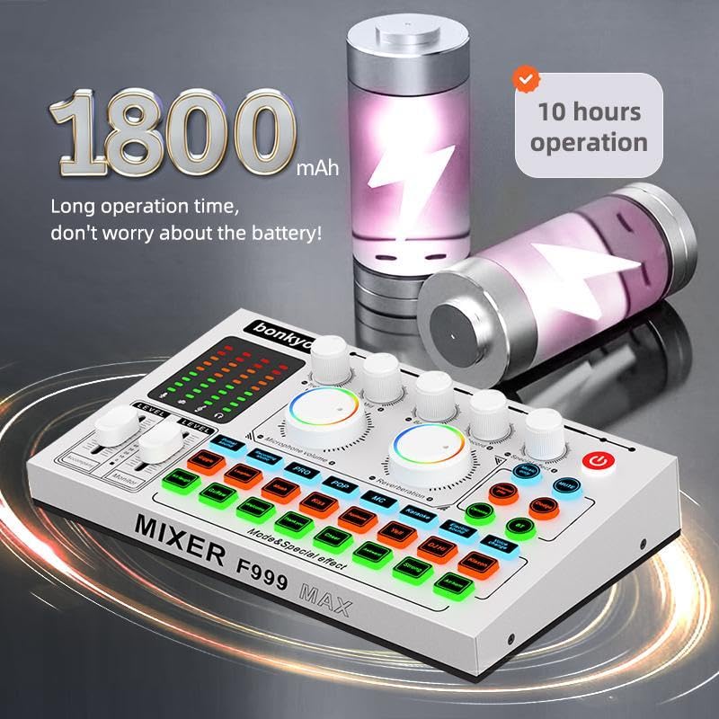 F999MAX Live Sound Card, Professional Audio Mixer & Noise Reduction, Metal Body & Indicator Panel, Audio Interface & Voice Changer, RGB Lighting Effects, DJ Mixer for Live/Gaming/Podcasting/Karaoke - Image 6