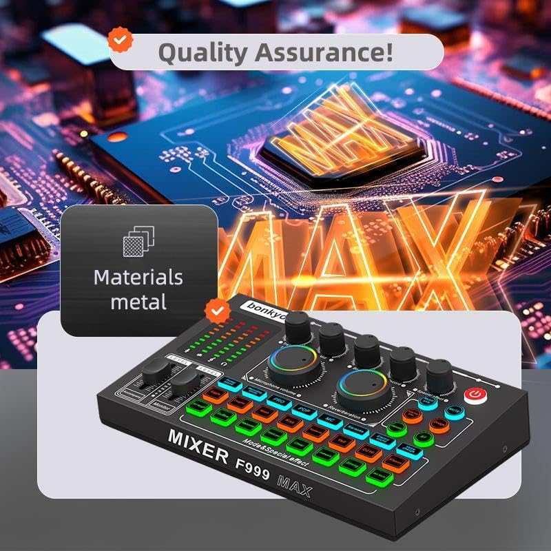 F999MAX Live Sound Card, Professional Audio Mixer & Noise Reduction, Metal Body & Indicator Panel, Audio Interface & Voice Changer, RGB Lighting Effects, DJ Mixer for Live/Gaming/Podcasting/Karaoke - Image 7