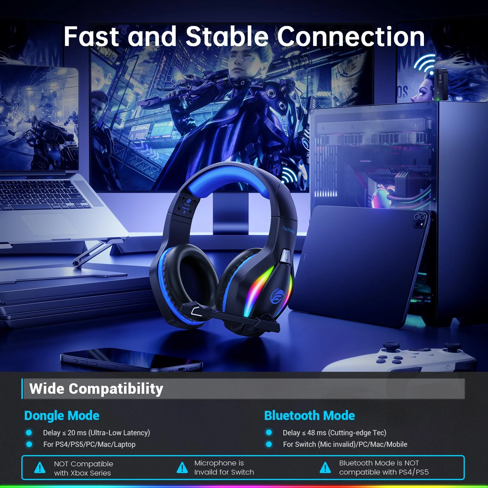 Fachixy FC-100 Wireless Gaming Headset for PS5, PS4, Switch - Gaming Headphones with Lossless Audio & 50Hrs Battery Life - Gamer Headset with Microphone for Mac, Laptop, Mobile Blue - Image 5