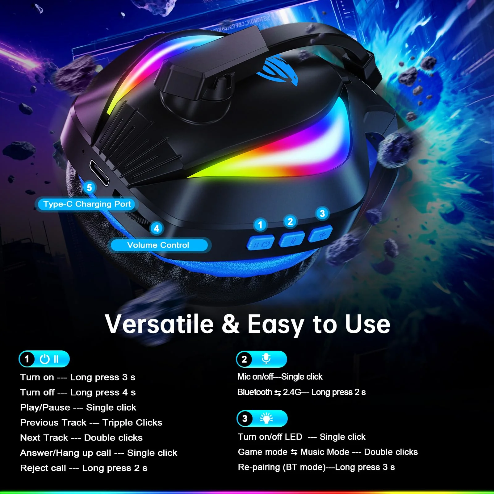 Fachixy FC-100 Wireless Gaming Headset for PS5, PS4, Switch - Gaming Headphones with Lossless Audio & 50Hrs Battery Life - Gamer Headset with Microphone for Mac, Laptop, Mobile Blue - Image 7