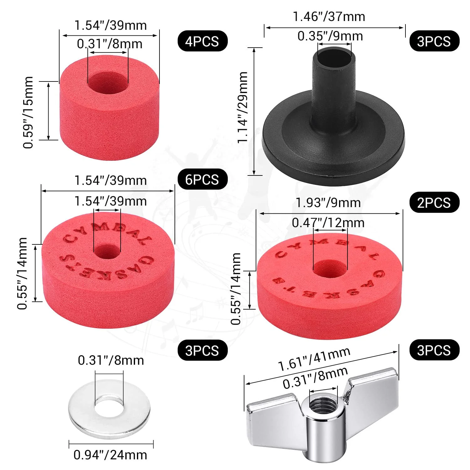 Facmogu 23PCS EVA Material Cymbal Replacement Accessories, Cymbal Stand Tubes, Drum Cymbal EVA Pads Include Wing Nuts, Washers, Cymbal Sleeves & Drum Key - Red - Image 2