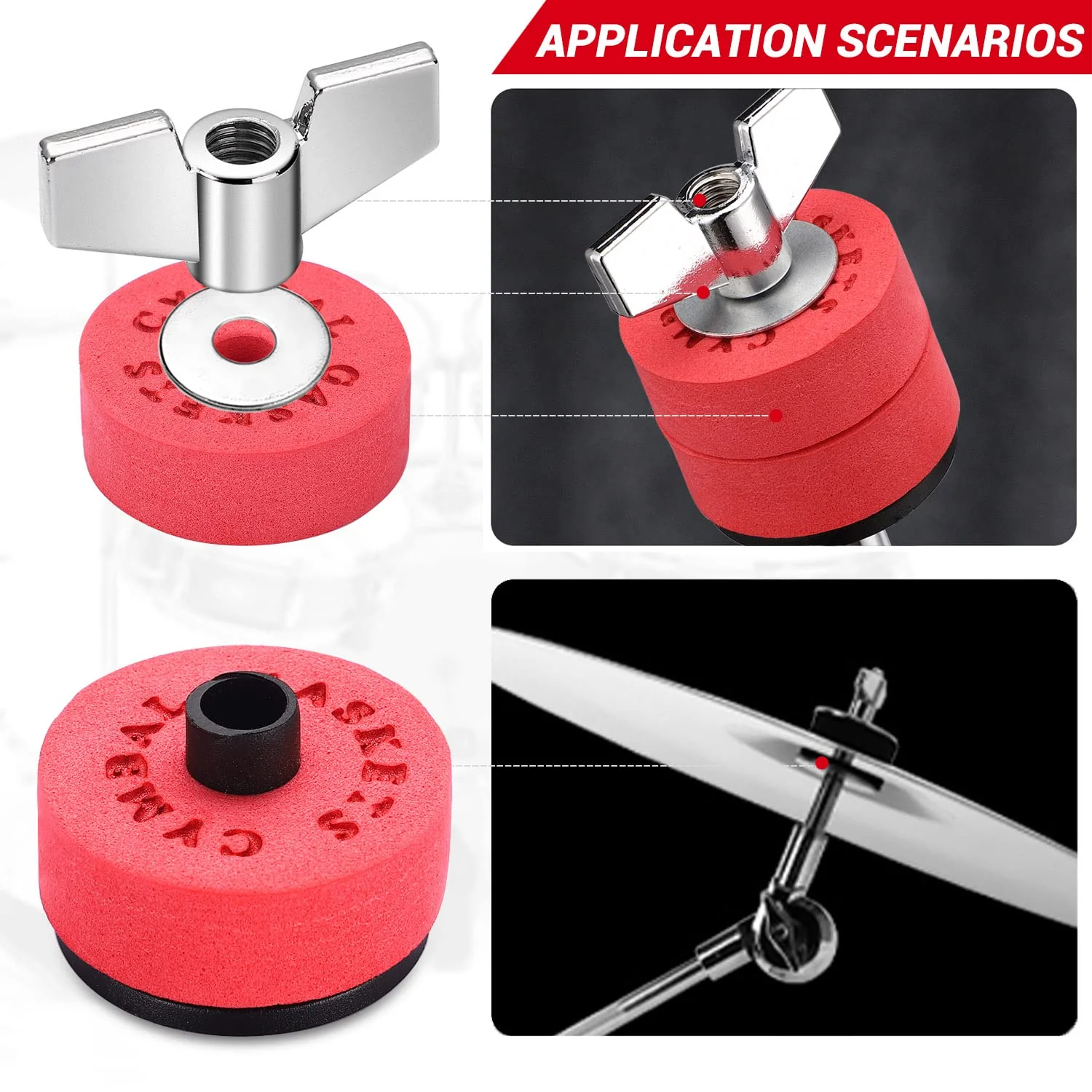 Facmogu 23PCS EVA Material Cymbal Replacement Accessories, Cymbal Stand Tubes, Drum Cymbal EVA Pads Include Wing Nuts, Washers, Cymbal Sleeves & Drum Key - Red - Image 4
