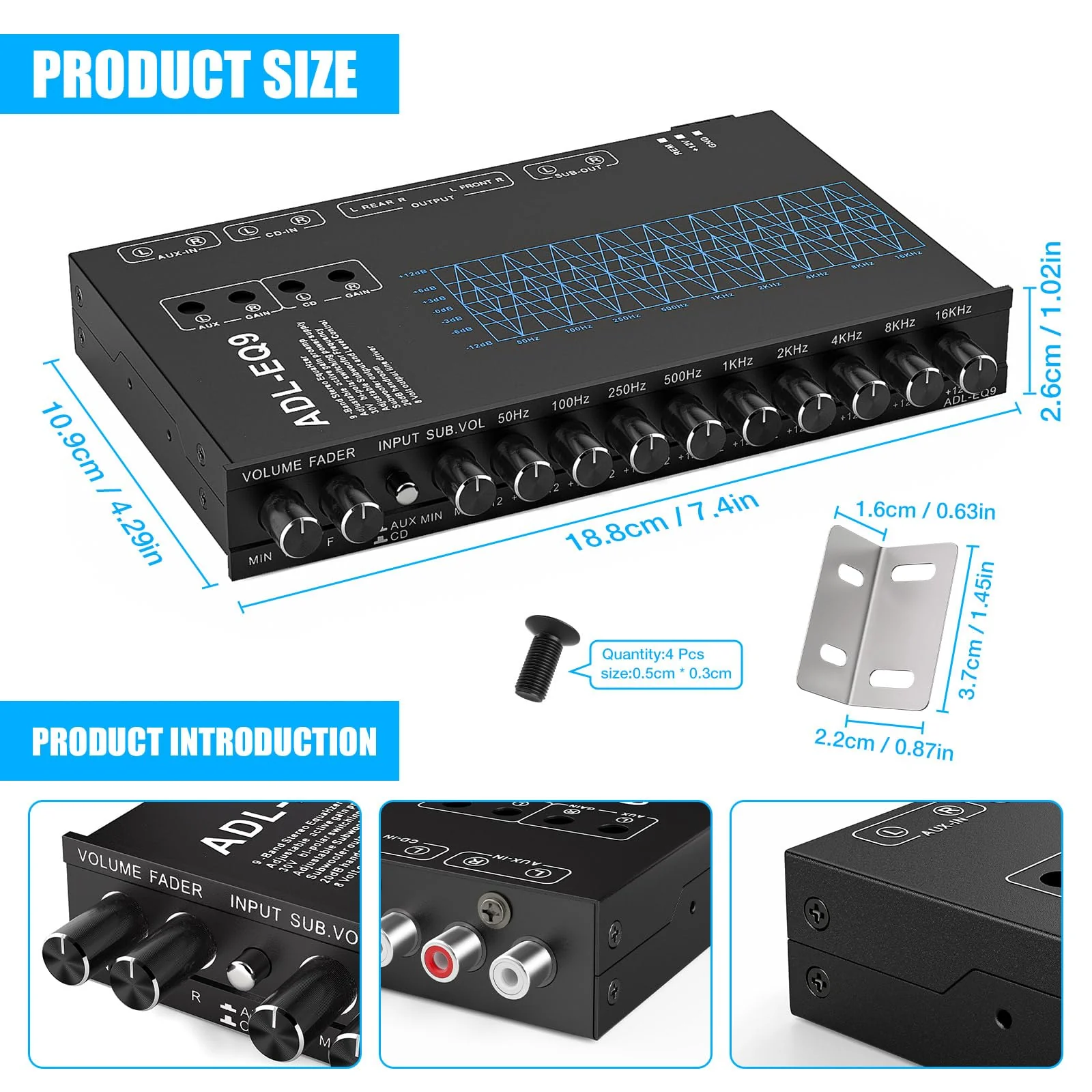Facmogu 9-Band Car Audio Equalizer, Car Graphic Equalizer EQ W/Front, Rear + Sub Output, 8V RMS Line Driver, Adjustable Audio Output for Car, Boat, W/CD/AUX Input Select & White Light Illumination - Image 4