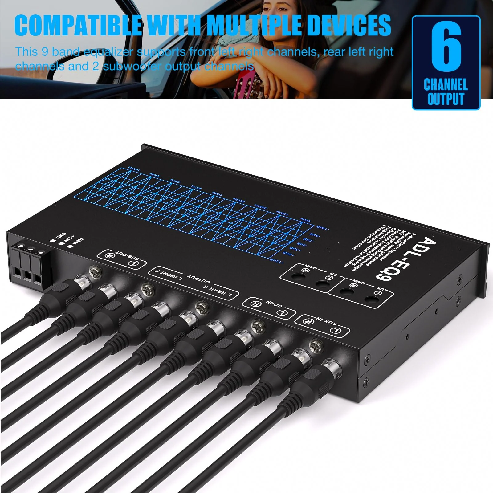 Facmogu 9-Band Car Audio Equalizer, Car Graphic Equalizer EQ W/Front, Rear + Sub Output, 8V RMS Line Driver, Adjustable Audio Output for Car, Boat, W/CD/AUX Input Select & White Light Illumination - Image 6