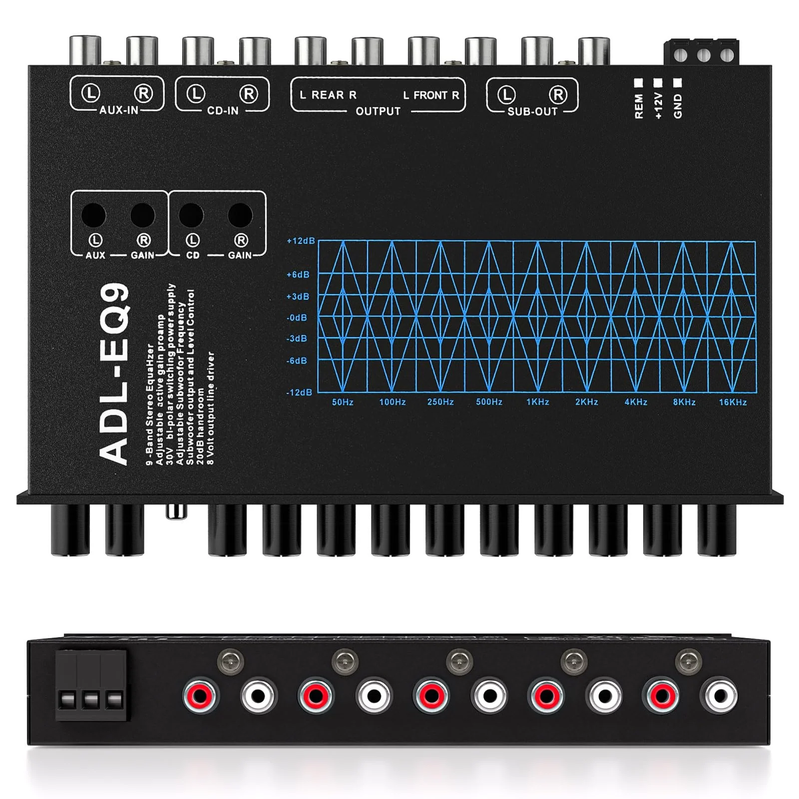 Facmogu 9-Band Car Audio Equalizer, Car Graphic Equalizer EQ W/Front, Rear + Sub Output, 8V RMS Line Driver, Adjustable Audio Output for Car, Boat, W/CD/AUX Input Select & White Light Illumination - Image 8