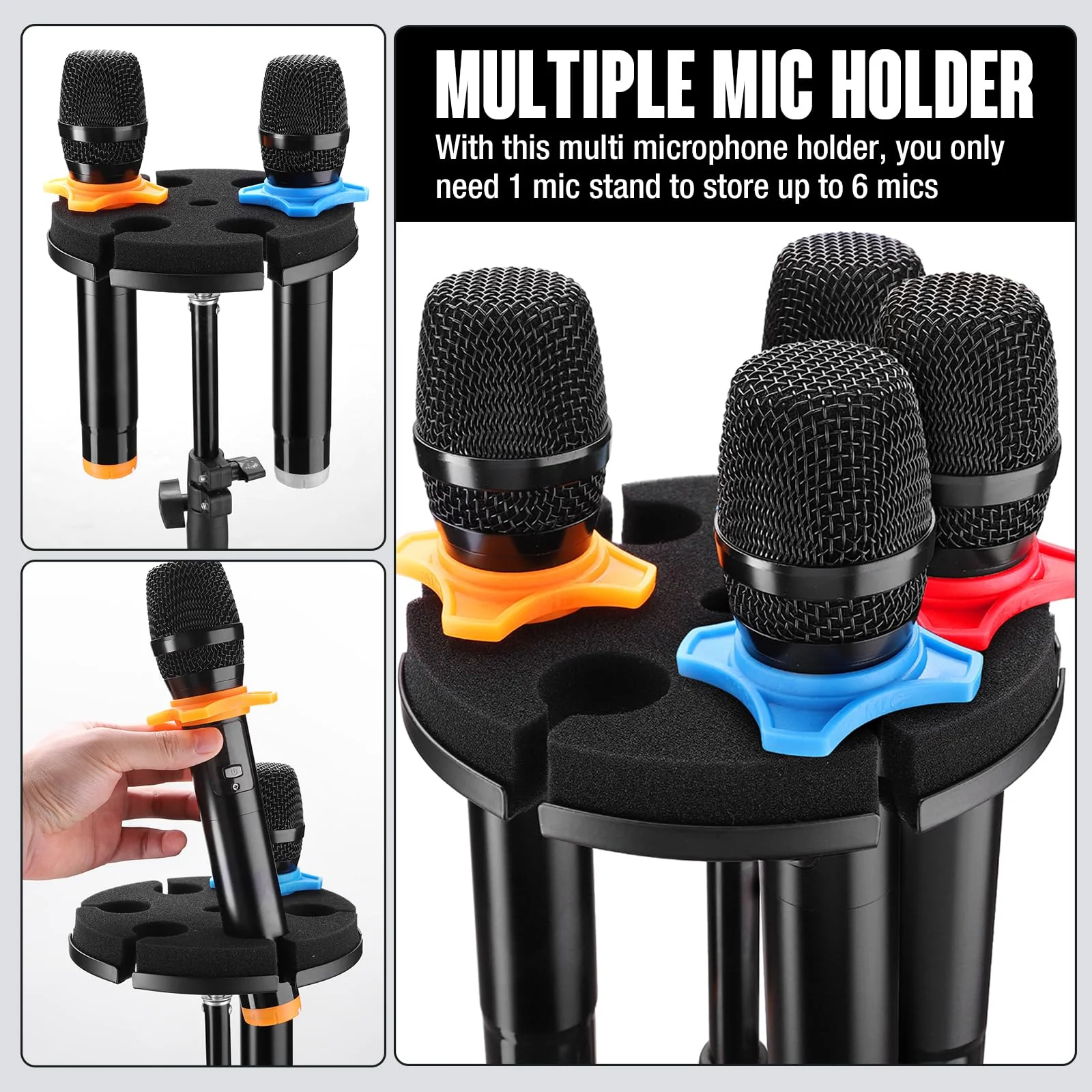 Facmogu Multi Microphone Holder, Aluminum Multi Mic Holder Holds Up to 6 Mics for Organizer & Display, Wired and Wireless Mic Holder w/ 3/8"-16 Threaded Adapter for Stand (Holder Only) - Image 5