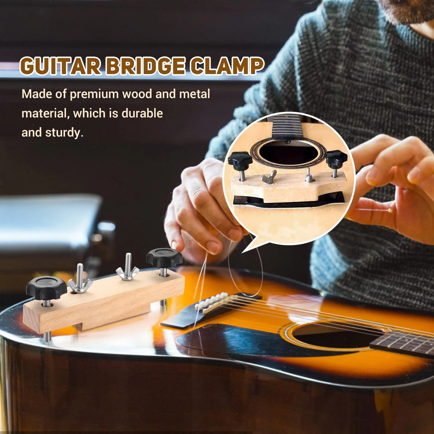 Facmogu Solid Maple Guitar Bridge Clamp, Entry Level Bridge Clamp Acoustic Luthier Tools with Cork Gasket & L-Wrench, Wooden Guitar Bridge Clamp for Classical/Acoustic Guitar Accessory Luthier Tools - Image 6