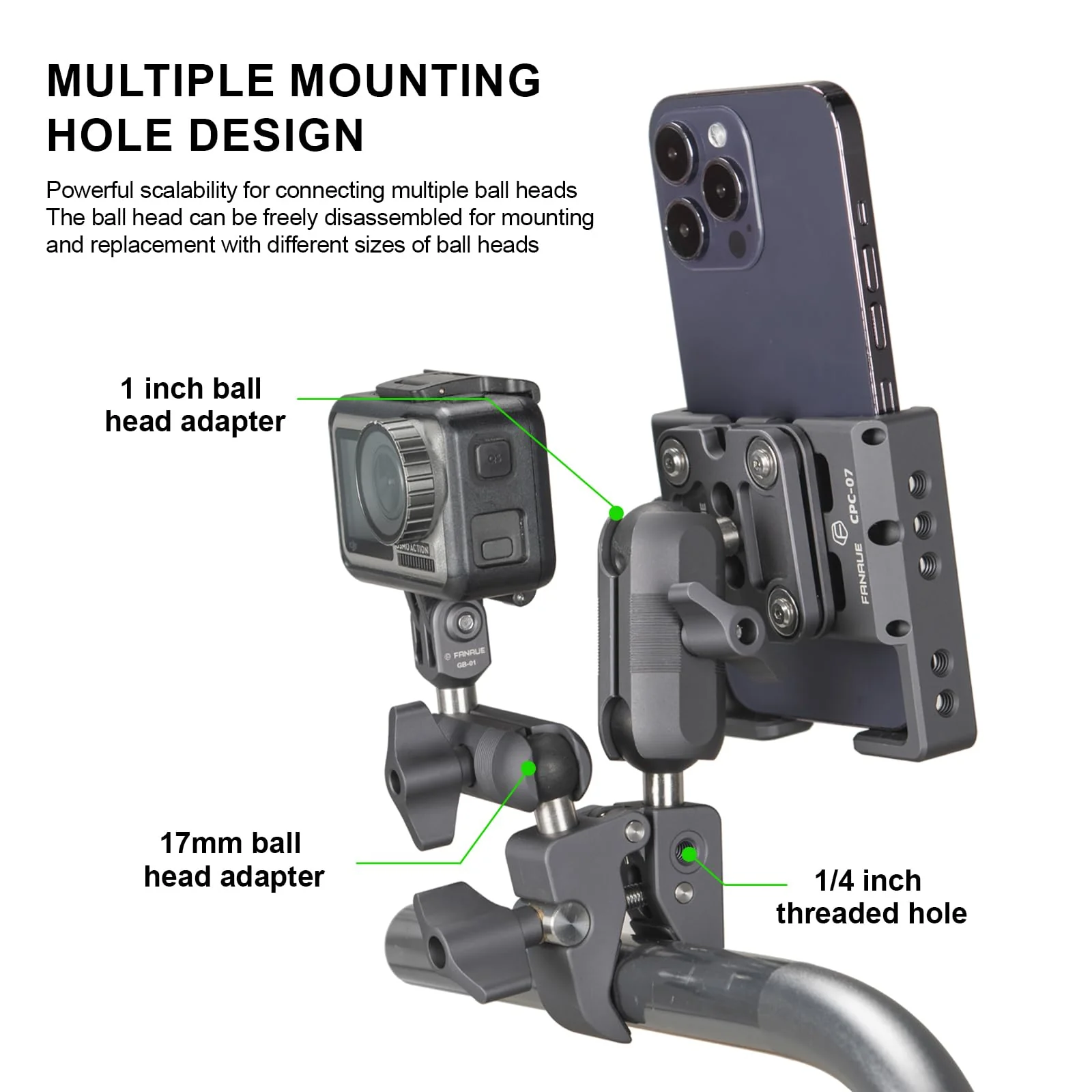 FANAUE Aluminum Handlebar Base Mount Strong Rod Clamp with 17mm Ball Head Adapter for Rails 0.5'' to 2'' Diameter Compatible with Garmin GPS Mounts & Bike Motorcycle Phone Holder with 17mm Ball Socket - Image 2