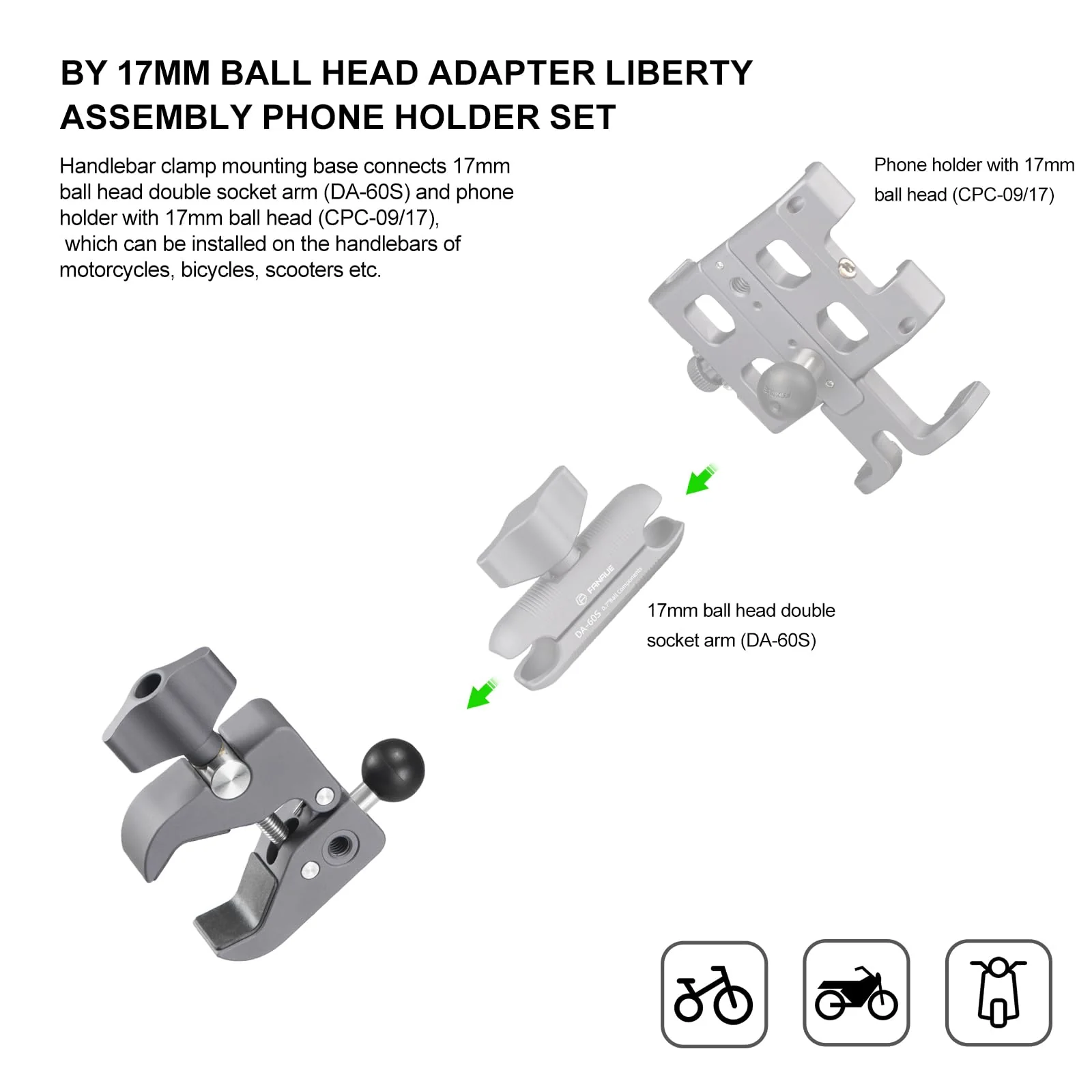 FANAUE Aluminum Handlebar Base Mount Strong Rod Clamp with 17mm Ball Head Adapter for Rails 0.5'' to 2'' Diameter Compatible with Garmin GPS Mounts & Bike Motorcycle Phone Holder with 17mm Ball Socket - Image 3