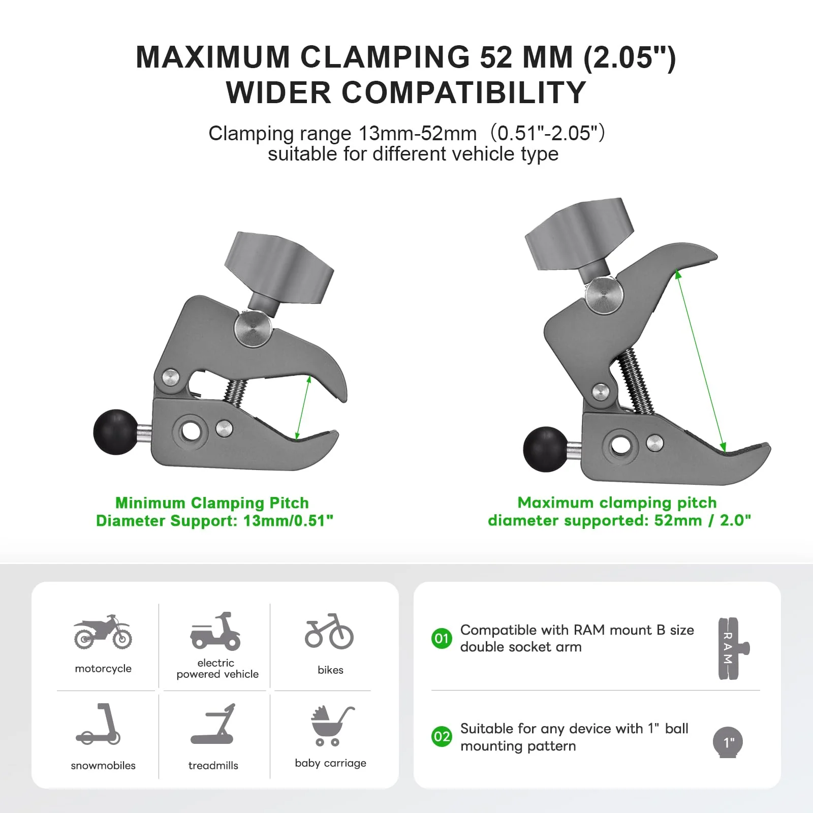 FANAUE Aluminum Handlebar Base Mount Strong Rod Clamp with 17mm Ball Head Adapter for Rails 0.5'' to 2'' Diameter Compatible with Garmin GPS Mounts & Bike Motorcycle Phone Holder with 17mm Ball Socket - Image 5