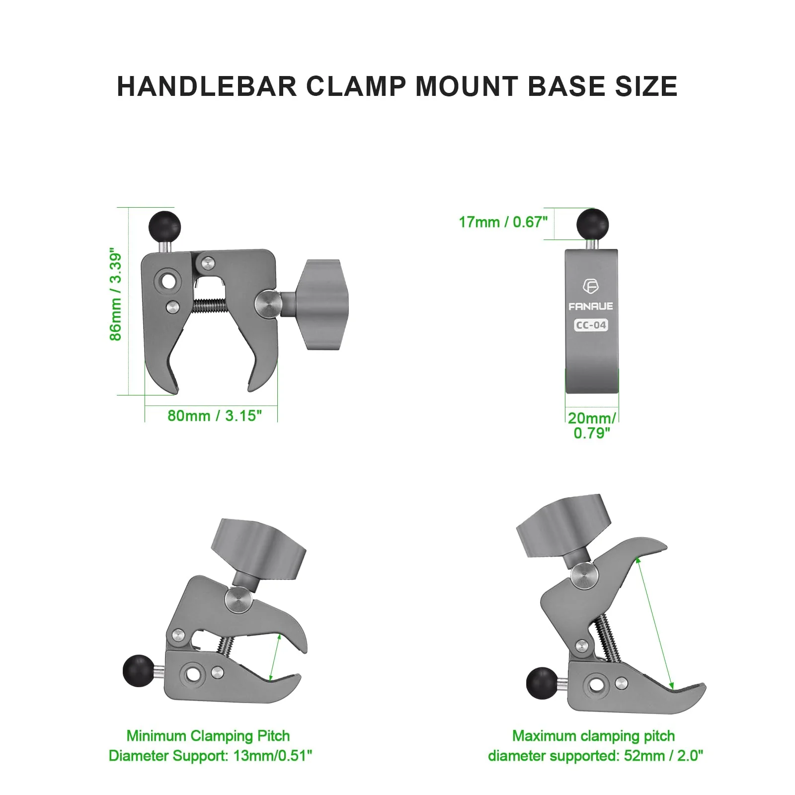 FANAUE Aluminum Handlebar Base Mount Strong Rod Clamp with 17mm Ball Head Adapter for Rails 0.5'' to 2'' Diameter Compatible with Garmin GPS Mounts & Bike Motorcycle Phone Holder with 17mm Ball Socket - Image 7