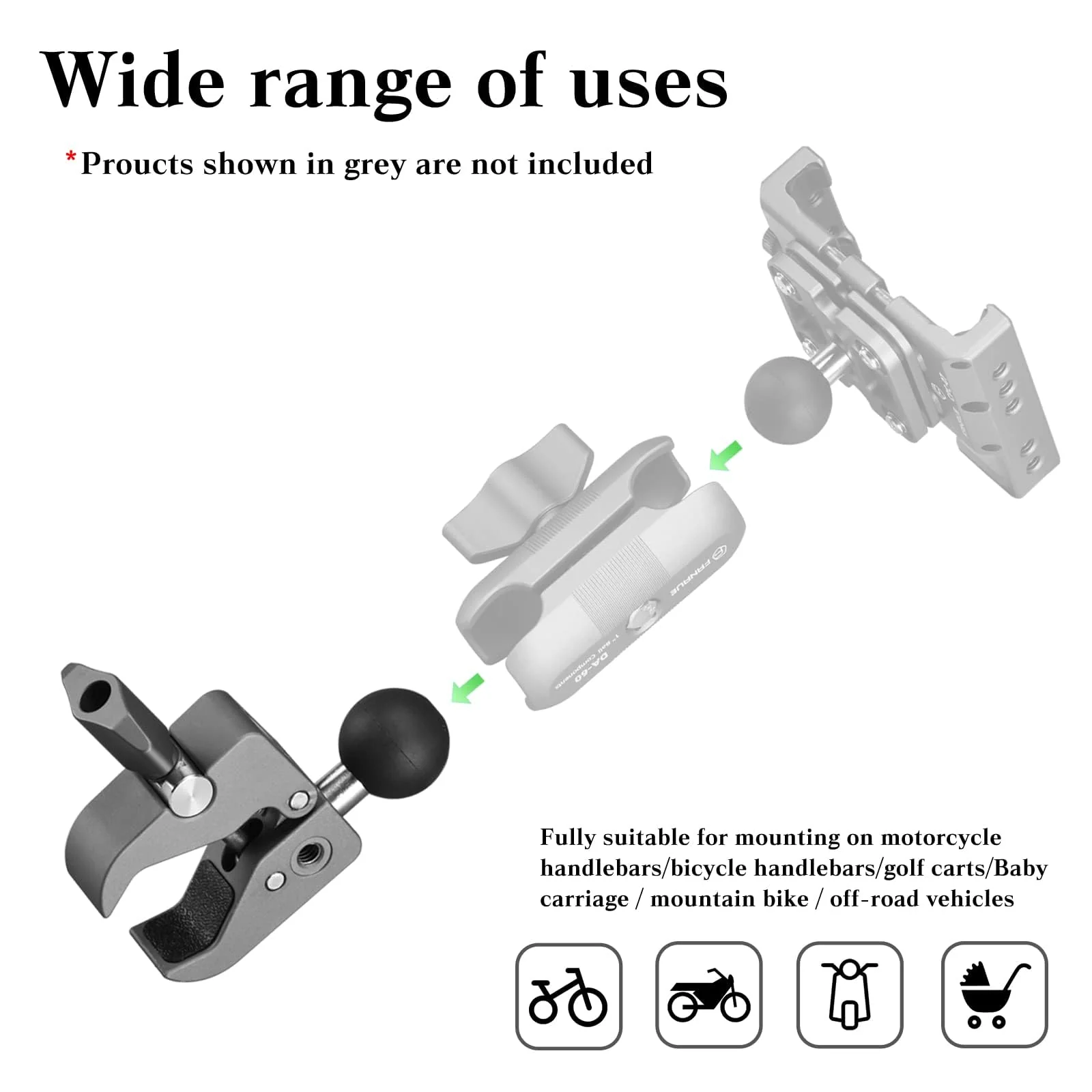 FANAUE Handlebar Base Mount Strong Rod Clamp with 1'' Ball for Rails 0.5" to 2.0" in Diameter, Compatible with RAM Mounts B Size Double Socket Arm & Bike Motorcycle Phone Mount Holder - Image 5