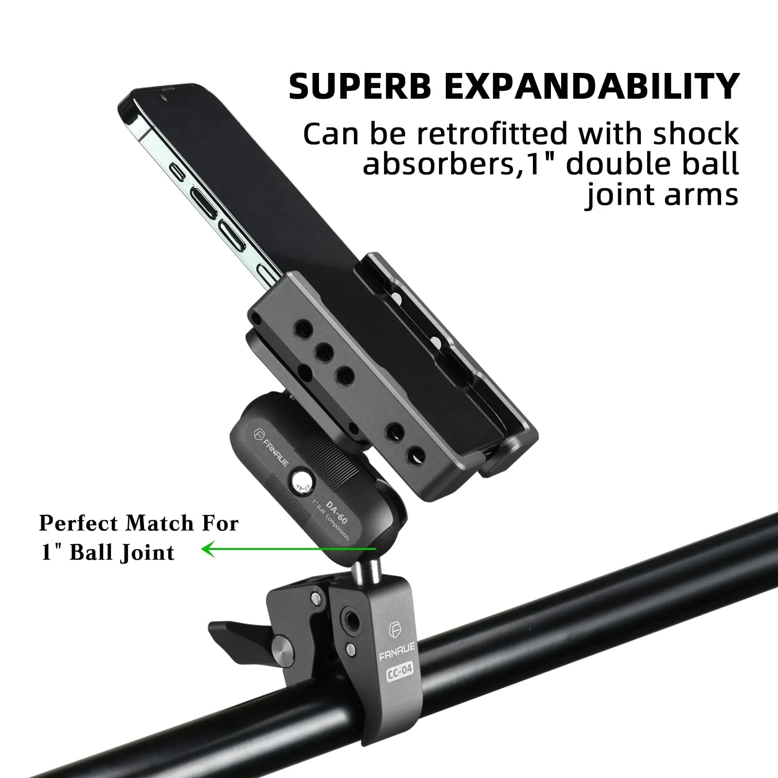 FANAUE Handlebar Base Mount Strong Rod Clamp with 1'' Ball for Rails 0.5" to 2.0" in Diameter, Compatible with RAM Mounts B Size Double Socket Arm & Bike Motorcycle Phone Mount Holder - Image 6